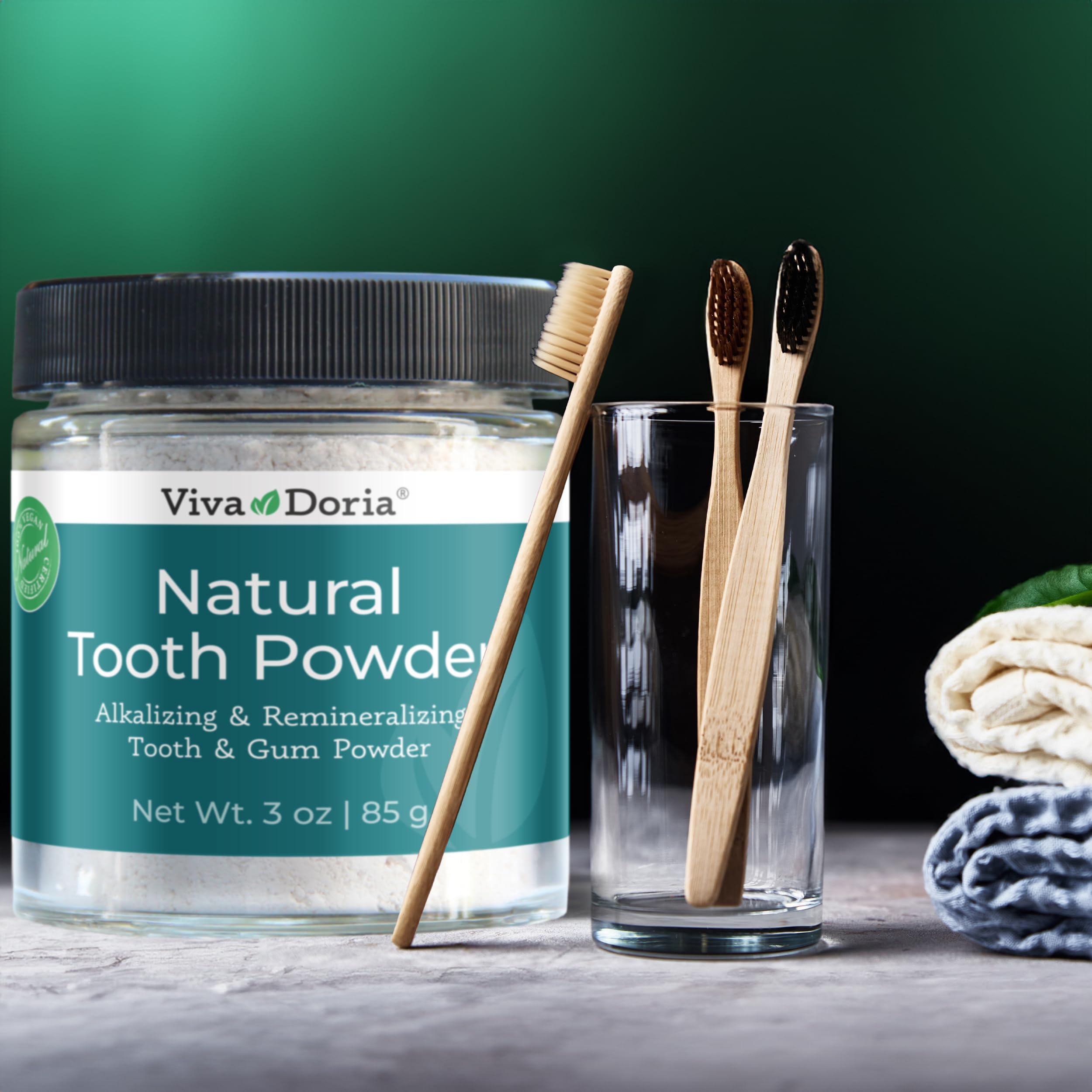 Viva Doria Natural Tooth Powder for Remineralizing & Whitening Teeth | Mint Flavored Breath Freshener | 3oz Glass Jar | Ideal for Travel, Home Use & Eco-Friendly Oral Care