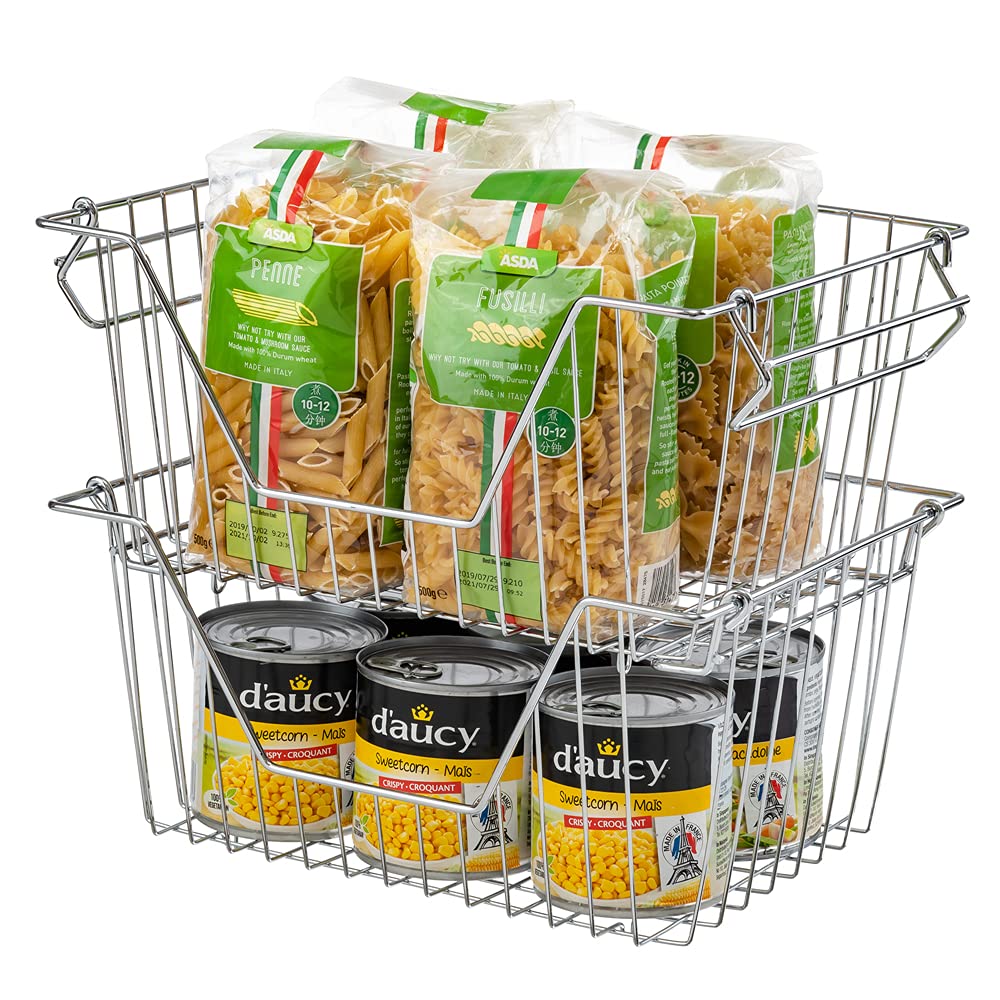 Large Stacking Wire Market Baskets for Home - Set of 2 Metal Storage Bins for Fruits, Vegetables, Pantry, Kitchen, Cabinet & Bathroom Organization | Perfect for Grocery Storage, Countertop Display & Shelf Organizing