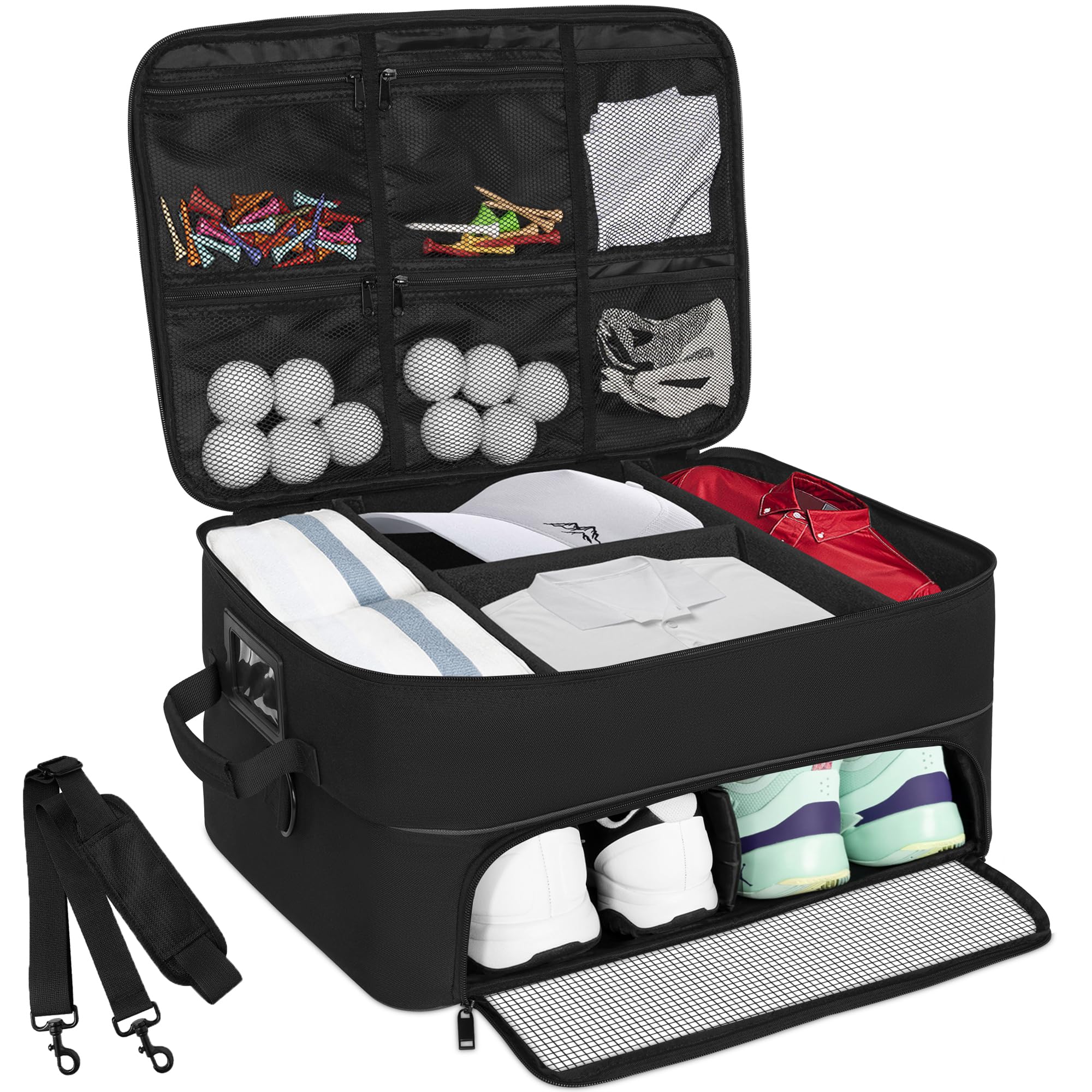 Premium 2-Layer Golf Trunk Organizer with Shoe Compartment - Car Storage for Golf Balls, Tees, Clothes, Gloves & Accessories | Perfect for Golfers & Travel Enthusiasts