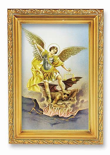 St. Michael Religious Wall Art - Antique Gold Leaf Framed Picture with Acanthus Leaf Design - Perfect for Home, Church & Office Decor