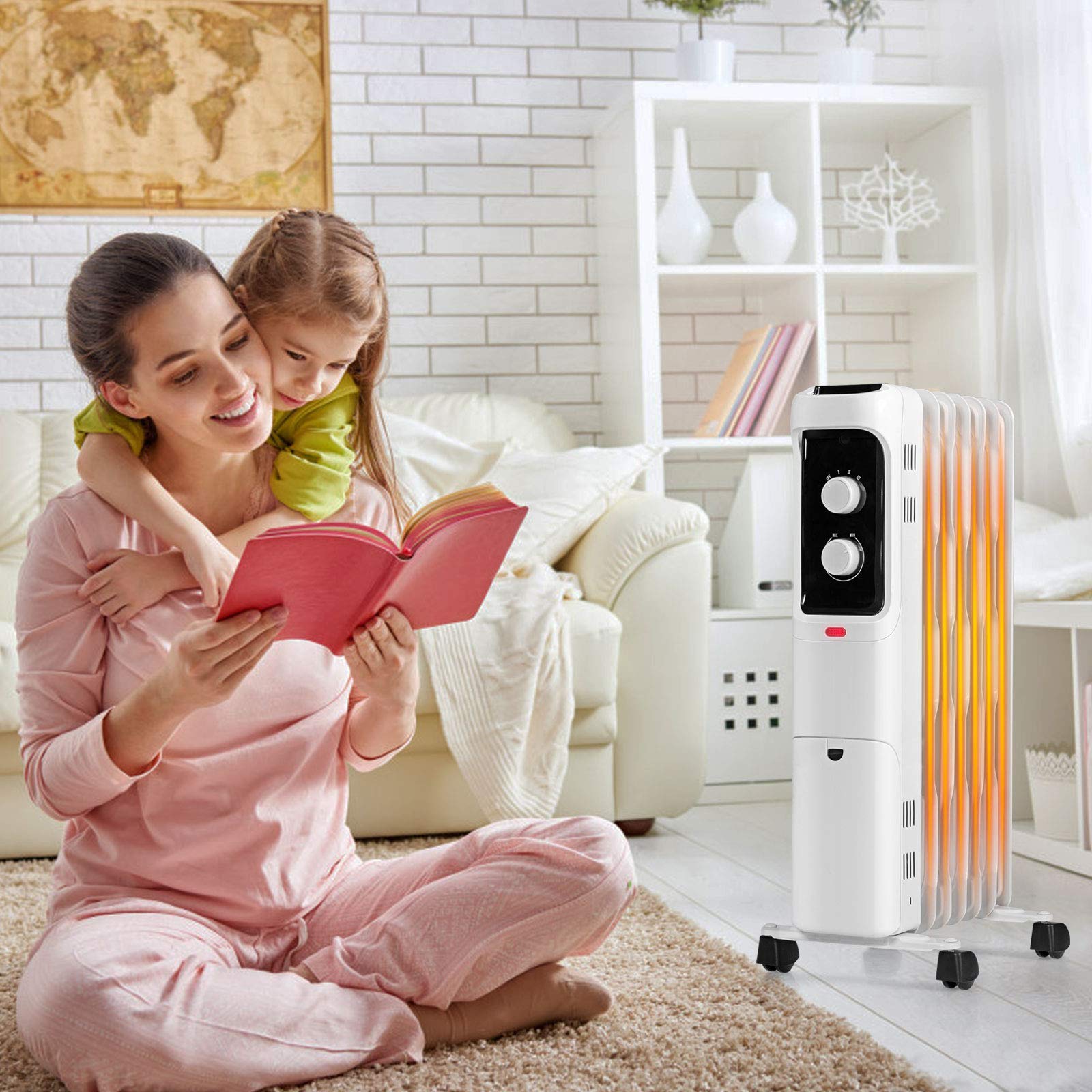 Tangkula 1500W Oil Filled Radiator Heater - 3 Heat Settings, Adjustable Thermostat, Safety Protection - Energy Efficient Portable Electric Space Heater for Home, Office, Bedroom & Indoor Use | Perfect for Winter Heating & Energy Saving