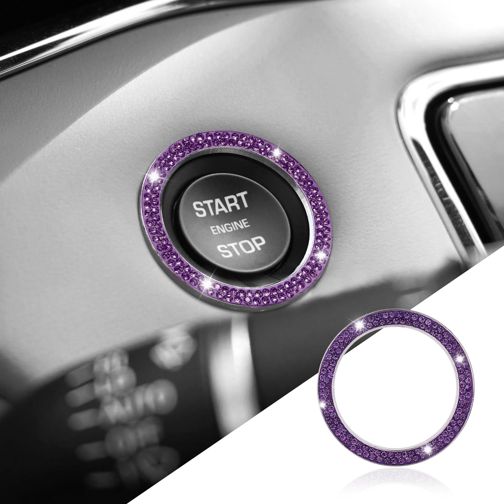 Sparkling Crystal Rhinestone Car Ring Emblem Sticker - Push Start Button Cover & Key Ignition Knob Decor - Luxury Car Interior Accessories for Women | Perfect for Sedan, SUV, Coupe Customization & Gift Giving