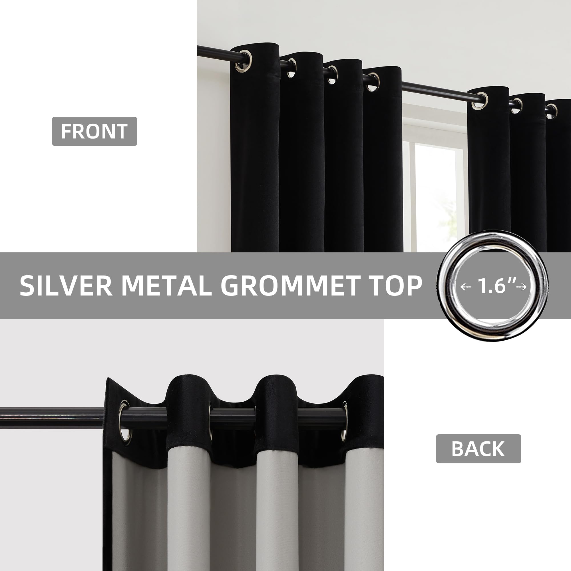 BULBUL Black Gold 100% Blackout Velvet Curtains - 84 Inch Thermal Insulated Drapes with Grommet Top, Set of 2 Panels for Living Room & Bedroom - Perfect for Home Theater, Nursery & Light-Sensitive Sleepers