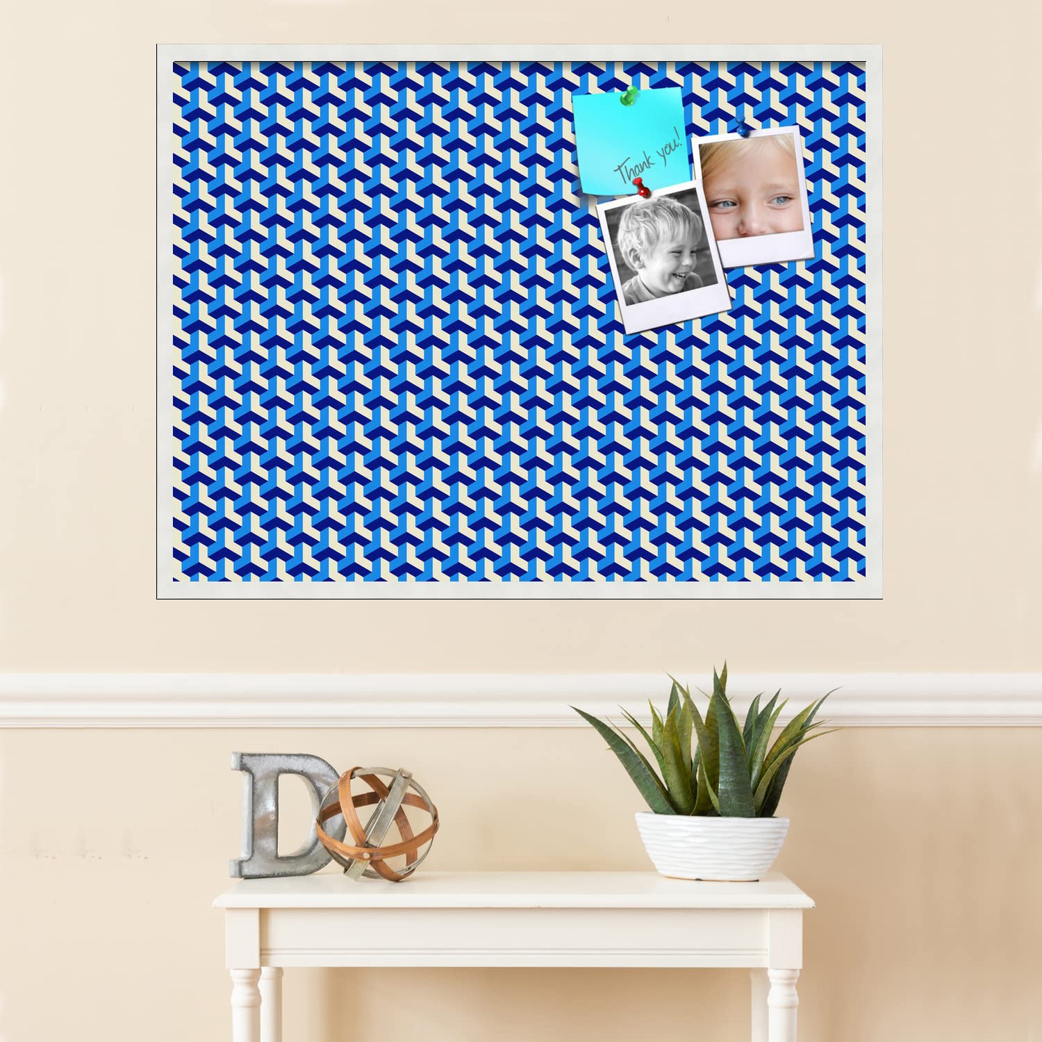 PinPix 40x30 Inch Cork Bulletin Board with BAUS Blue Beige Design & Satin White Frame - Decorative Framed Pin Board for Home Office School Decor - Perfect for Notes, Photos, Reminders & Wall Organization