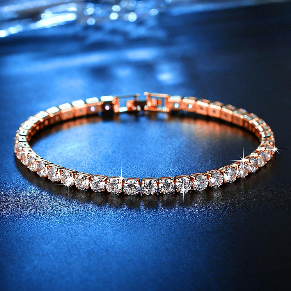 14K Gold Plated Tennis Bracelet for Women | 3mm Cubic Zirconia Eternity Charm Bracelet | 7 Inch Adjustable Rose Gold & Silver Jewelry | Perfect for Weddings, Parties & Everyday Elegance