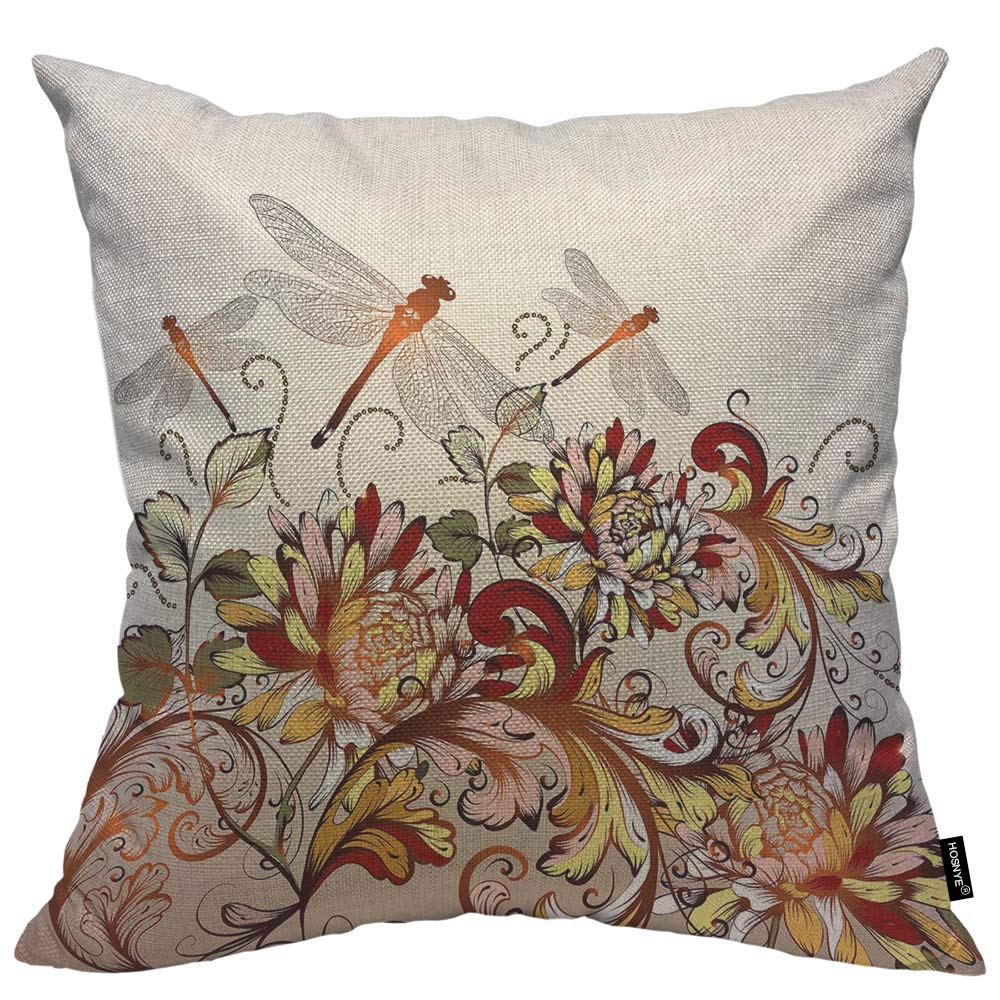Floral Throw Pillow Cover 24x24 Inch - Beautiful Flower Print with Dragonfly Design, Decorative Square Cushion Case for Sofa, Bed & Home Decor - Perfect for Living Room, Bedroom & Nursery Accent