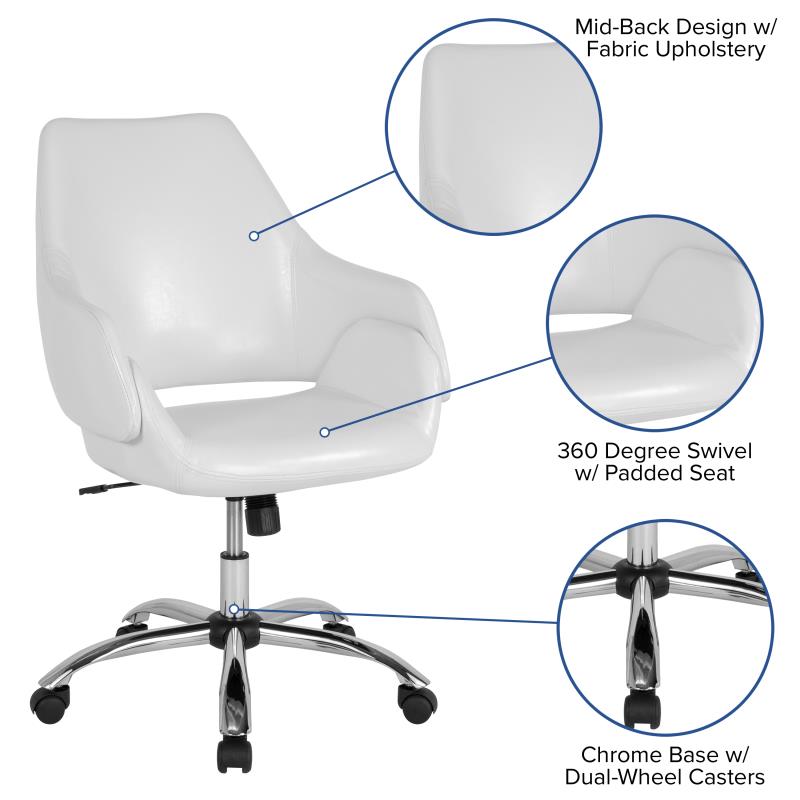 FLASH Madrid White Leather Upholstered Mid Back Office Chair - Ergonomic Home & Office Desk Chair for Comfortable Working & Studying