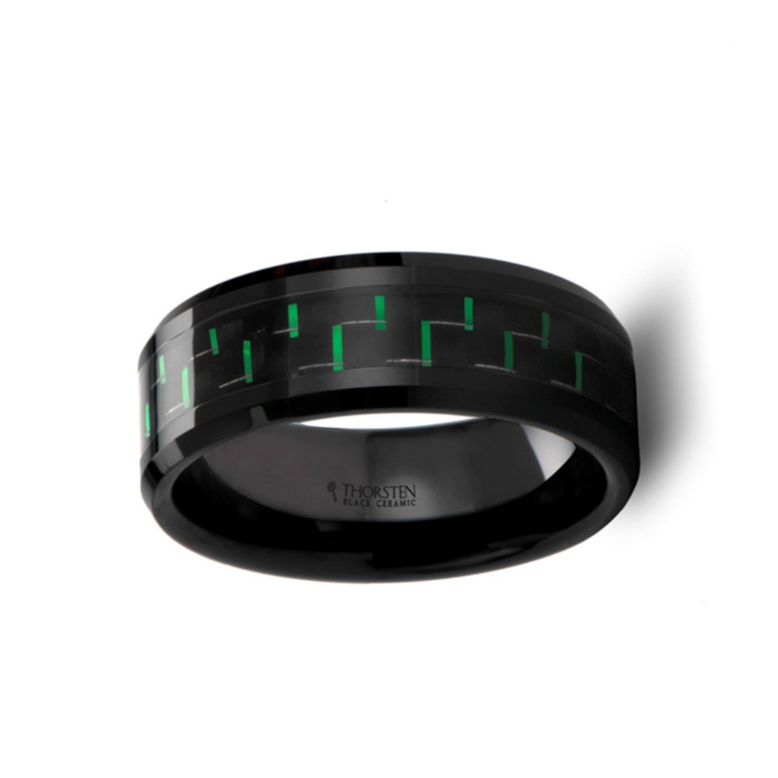 ATILUS Black Beveled Edge Ceramic Wedding Ring - 8mm Wide with Black & Green Carbon Fiber Inlay - Custom Engraved Inside - Durable & Stylish Men's Wedding Band - Perfect for Anniversaries, Engagements & Everyday Wear