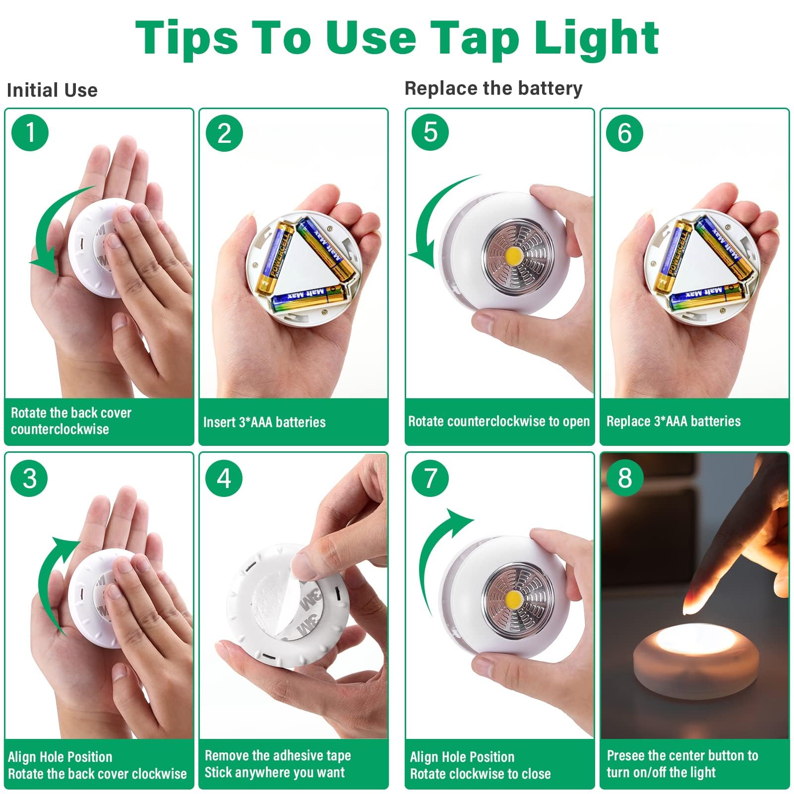 **Dream Master Tap Light - 5 Pack Battery Operated Wireless Puck Lights with 15 Batteries Included, Stick-On Touch Lights for Closet, Counter, Kitchen, Cabinet & Nightlight Use (White)**