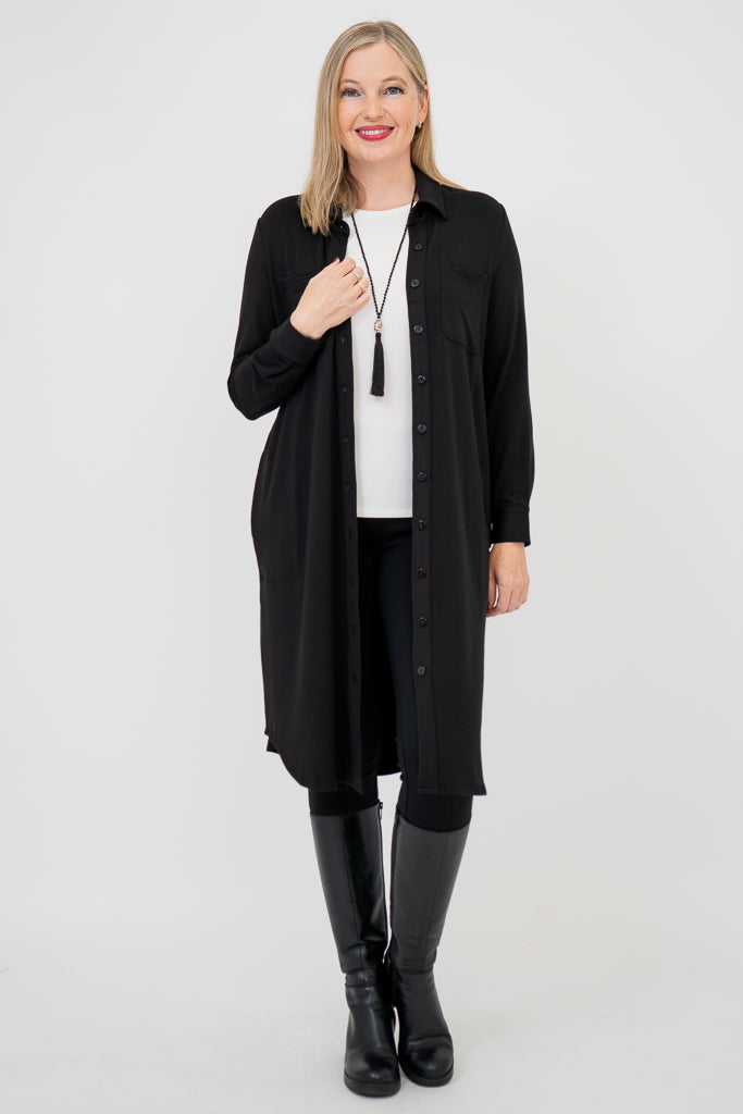 Lois Duster Coat - Black Bamboo Fabric - Stylish Outerwear for Women - Perfect for Fall Fashion & Casual Outings