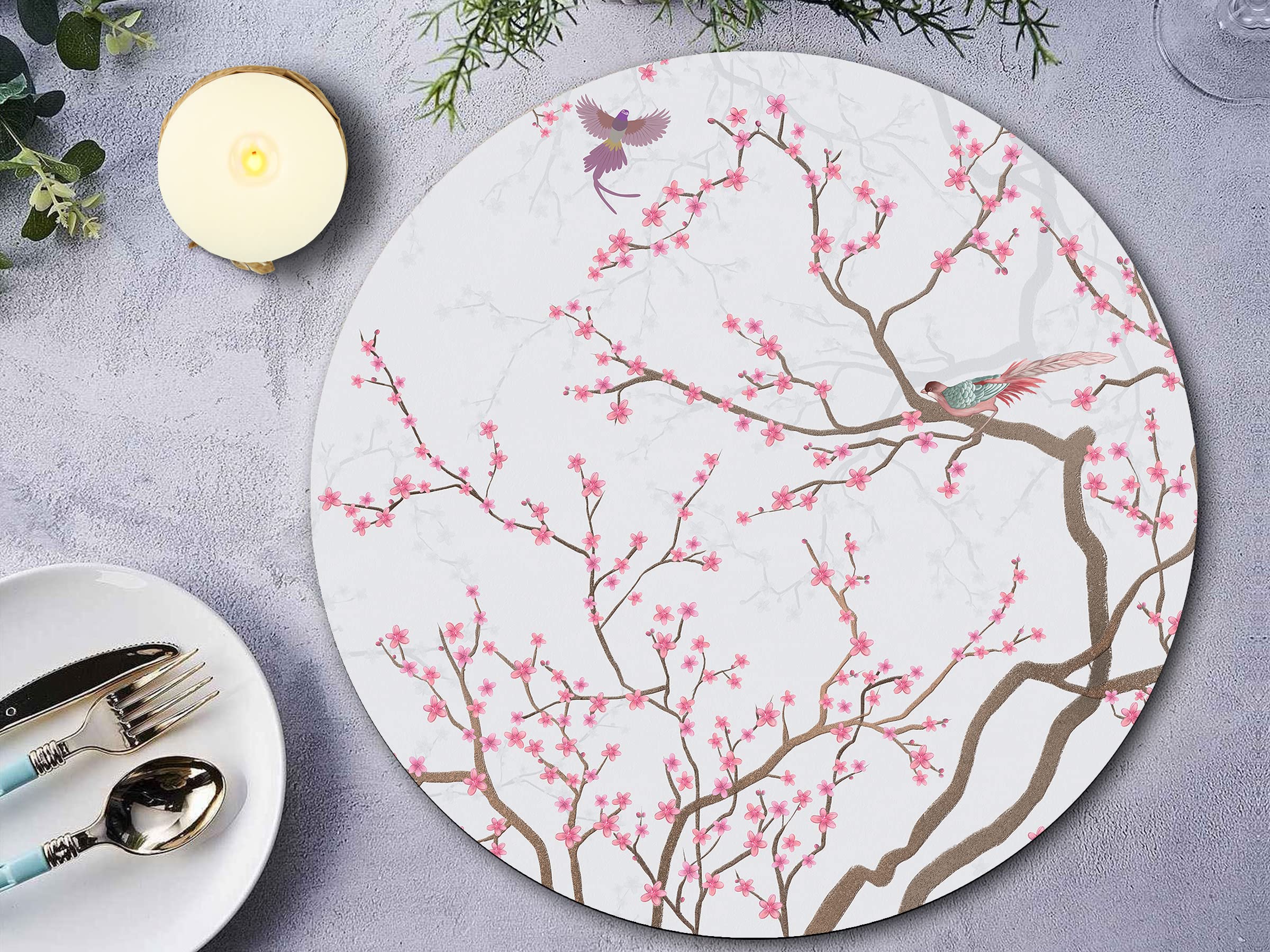 Premium Cherry Charm Printed MDF Wooden Placemats - Set of 4 Heat & Water Resistant Round Dining Table Mats for Kitchen, Indoor & Outdoor Use - Perfect for Dinner Parties, BBQs, and Daily Meals