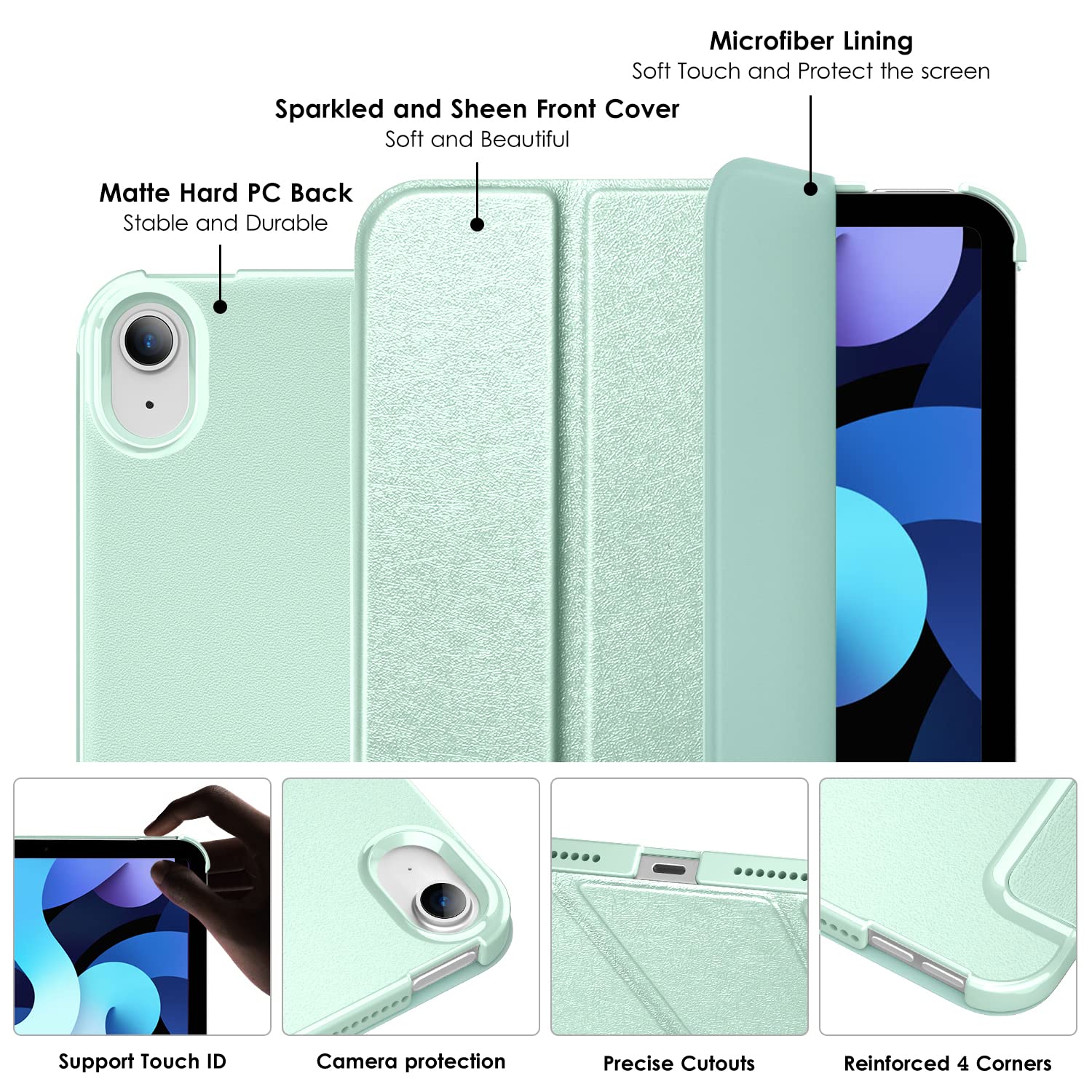 DTTO iPad Air Case for 11-inch M2 & 10.9-inch 5th/4th Gen - Sparkle Hard Back with Sheen Front Cover (2024/2022/2020 Models) | Compatible with 2nd Gen Apple Pencil Charging | Matcha Green | Perfect for Work, School & Travel Protection
