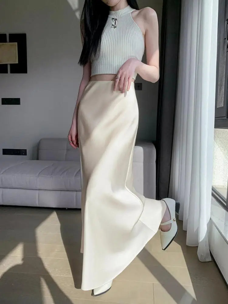 Beige & Black High Waist Mermaid Wrap Skirt for Women - Elegant Long Vacation Skirt, Sexy Summer Streetwear Fashion (Perfect for Beach Outings, Date Nights & Spring Travel)