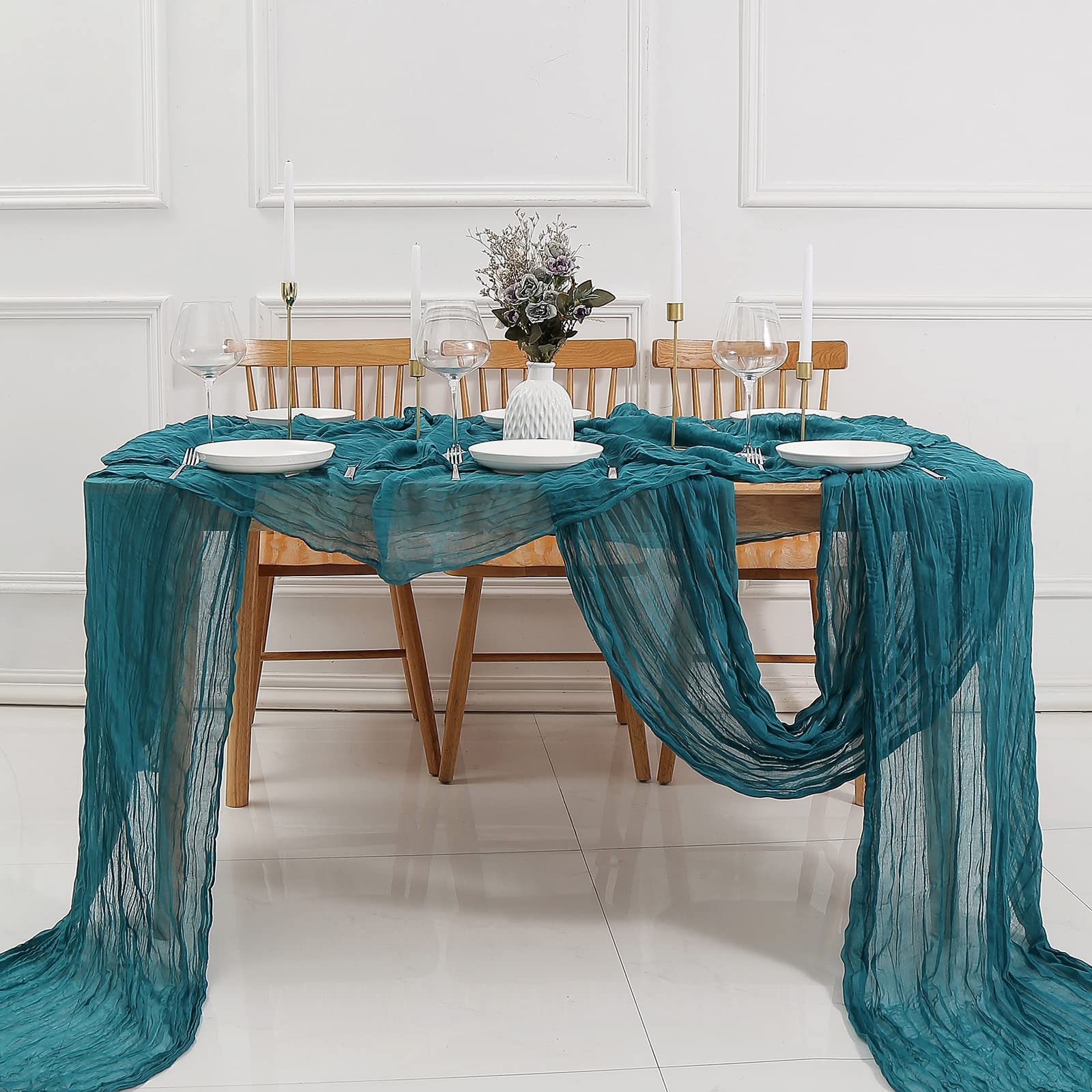 8PCS Teal Cheesecloth Table Runner Set - 13.3ft Boho Gauze Fabric, Rustic Sheer Table Decor (160 Inches Long) for Wedding, Bridal Shower, Baby Shower, Birthday Party, Cake Table & Home Decorations