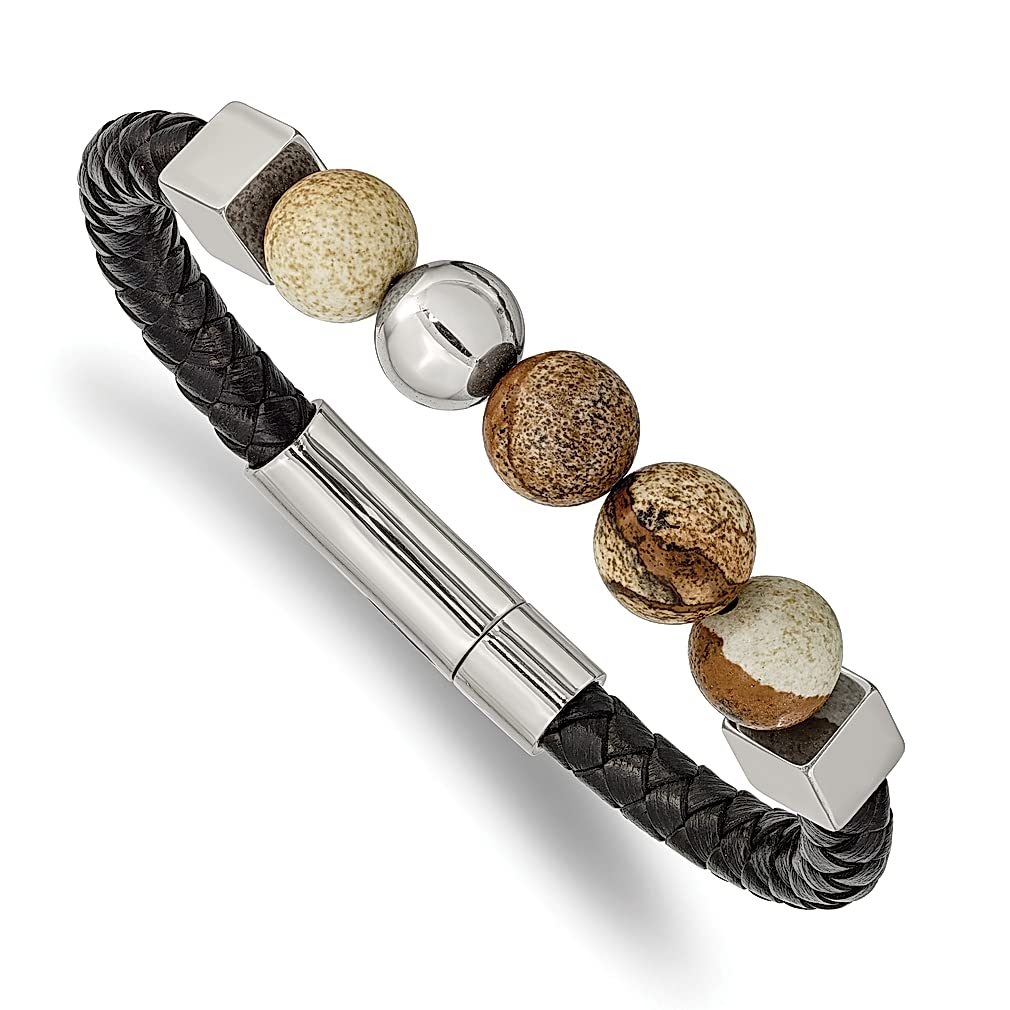 ICE CARATS Men's 8 Inch Stainless Steel Brown Jasper Beads Bracelet with Black Leather Cord - Natural Stone Wood Shell Fashion Jewelry for Dad | Perfect Gift for Him, Birthday, Anniversary & Casual Wear