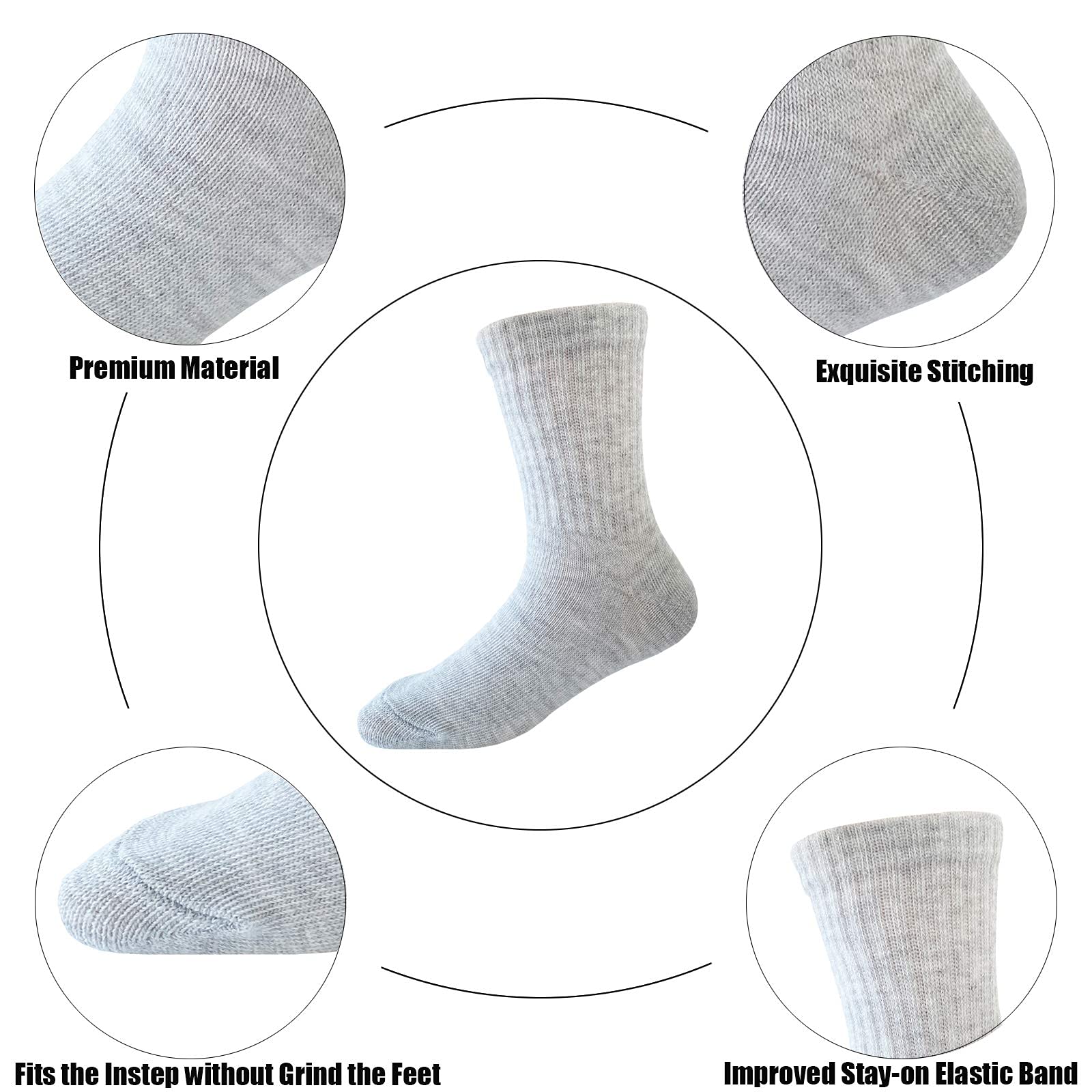 JAMEGIO Boys' Crew Socks 12 Pairs - Soft Cotton Athletic Socks for Toddlers & Kids (1-10 Years) - Comfortable Everyday Socks for School, Sports & Playtime