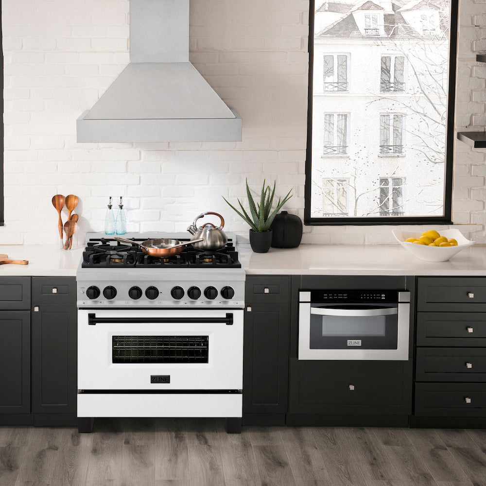 ZLINE Autograph Edition 36-inch Dual Fuel Range - 4.6 cu. ft. Capacity, 6-Burner Gas Cooktop & Electric Convection Oven - Satin Stainless Steel with White Matte Door & Black Accents (RASZ WM 36 MB) - Perfect for Modern Kitchens, Home Chefs & Gourmet Cooking