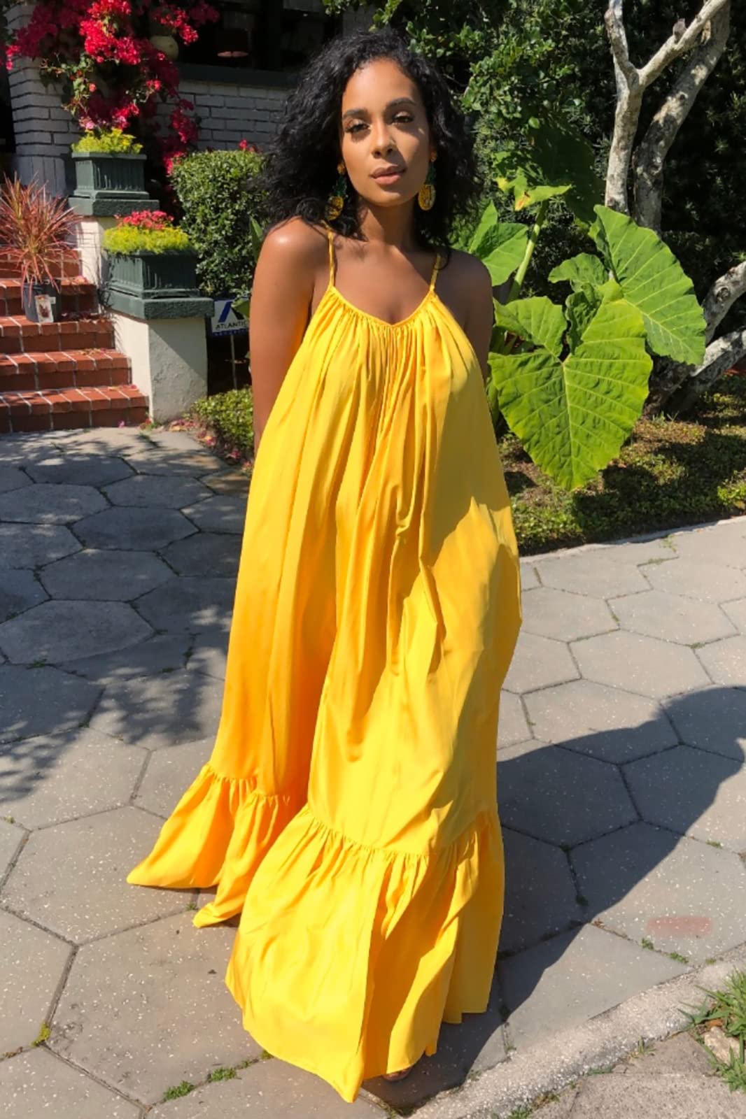 Women's Sexy Sleeveless Spaghetti Strap Ruched Ruffle Hem Maxi Dress - Plus Size Beach Cover Up, Summer Vacation, Date Night & Party Swing Dress