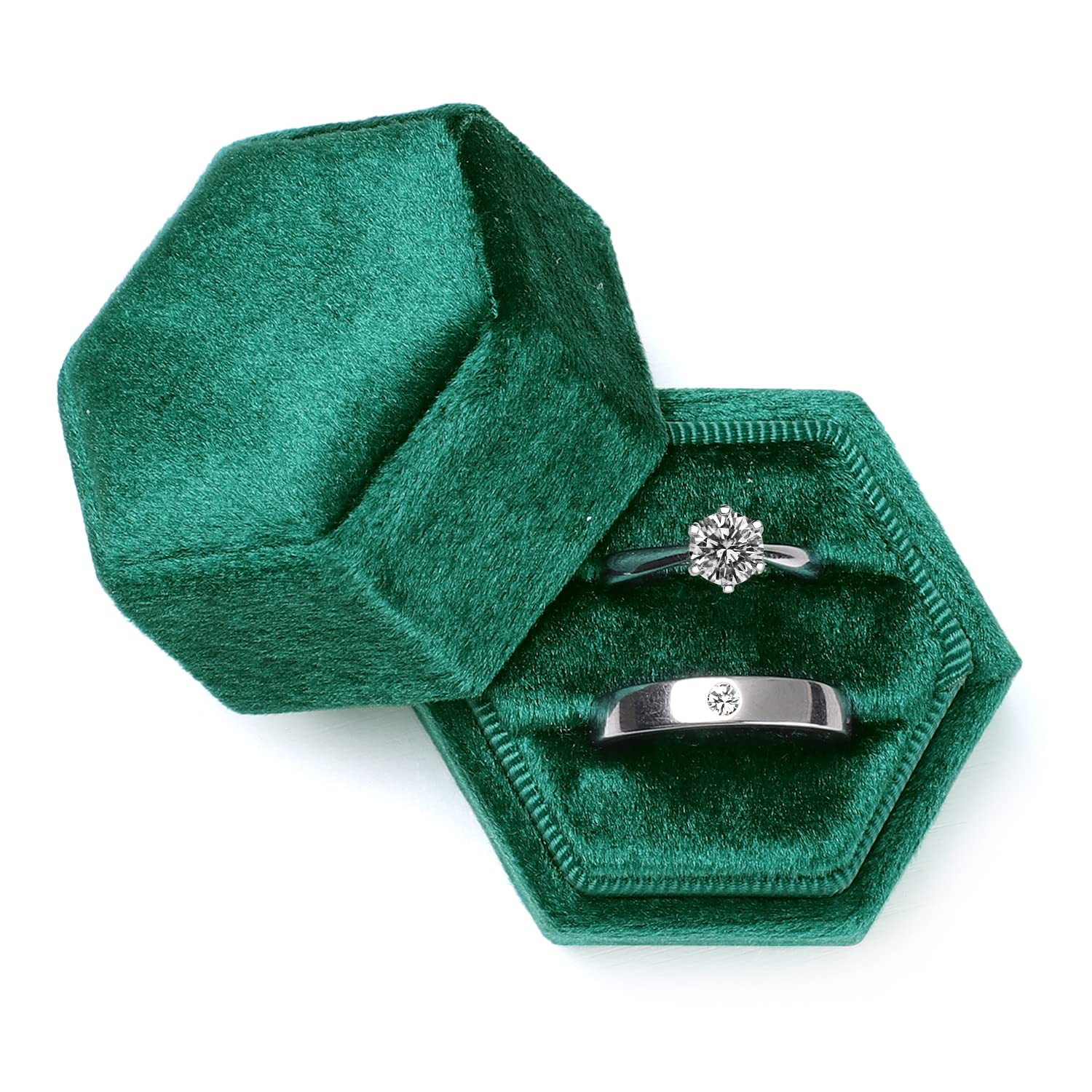 Etercycle Velvet Jewelry Ring Box - Premium Hexagon Vintage Double Ring Gift Box with Detachable Lid for Engagement, Wedding & Proposal (Emerald Green) | Perfect for Wedding Ceremonies, Anniversary Gifts & Romantic Surprises