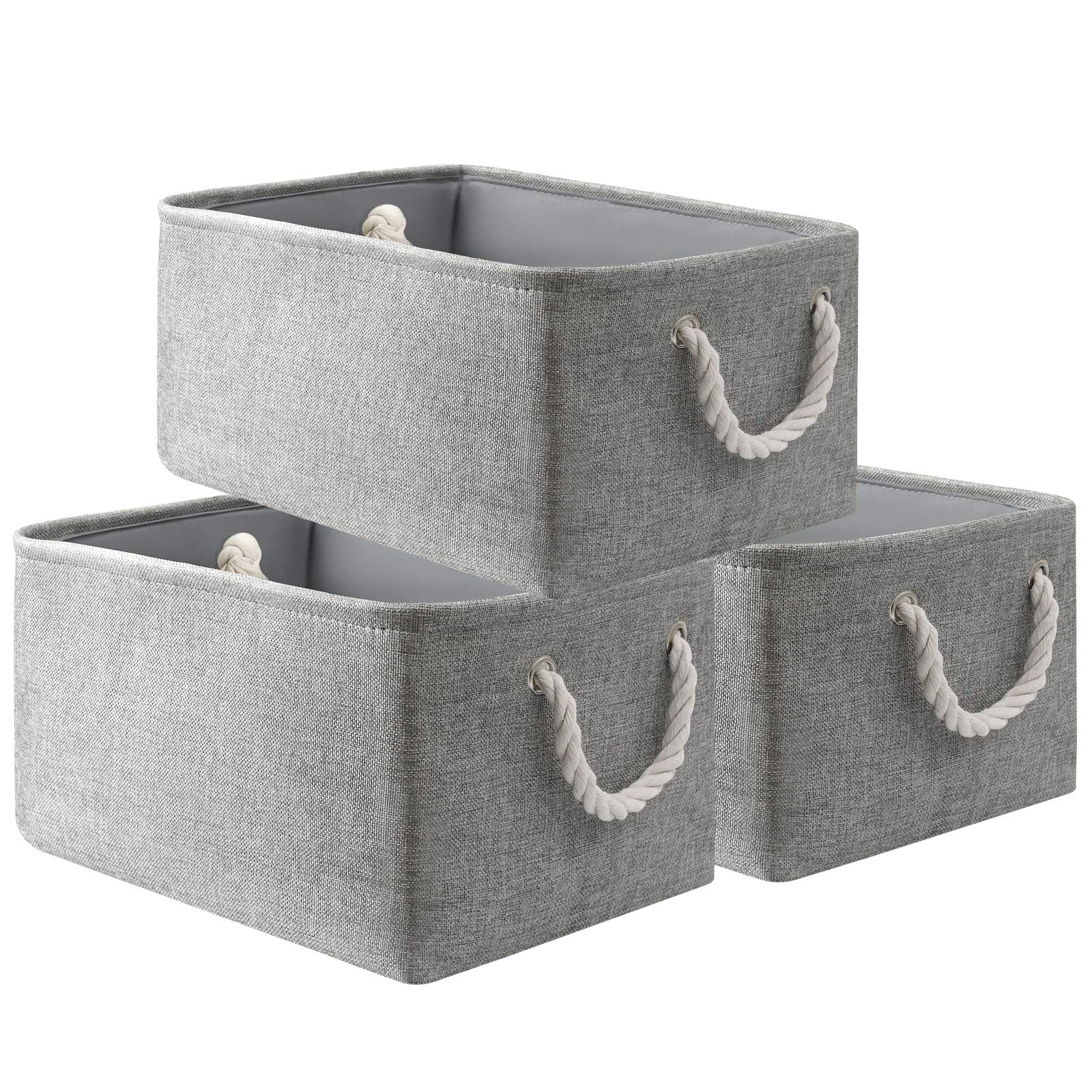 Decorative Storage Baskets with Handles - 3-Pack Grey Fabric Storage Bins for Clothes, Books & Home Organization | Perfect for Bedroom, Office & Kids Room Storage Solutions (13 Inch, Grey)