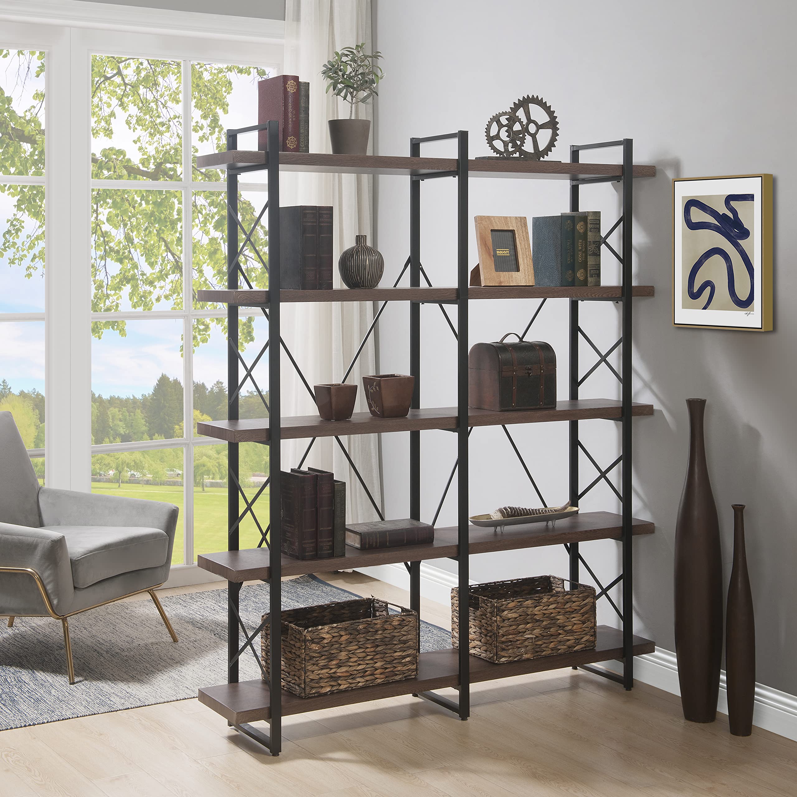 Merax 5-Tier Industrial Bookshelf - X Design Metal Frame Storage Shelf for Home Office, Living Room & Bedroom (Espresso, 71 Inch) - Perfect for Organizing Books, Decor & Office Supplies