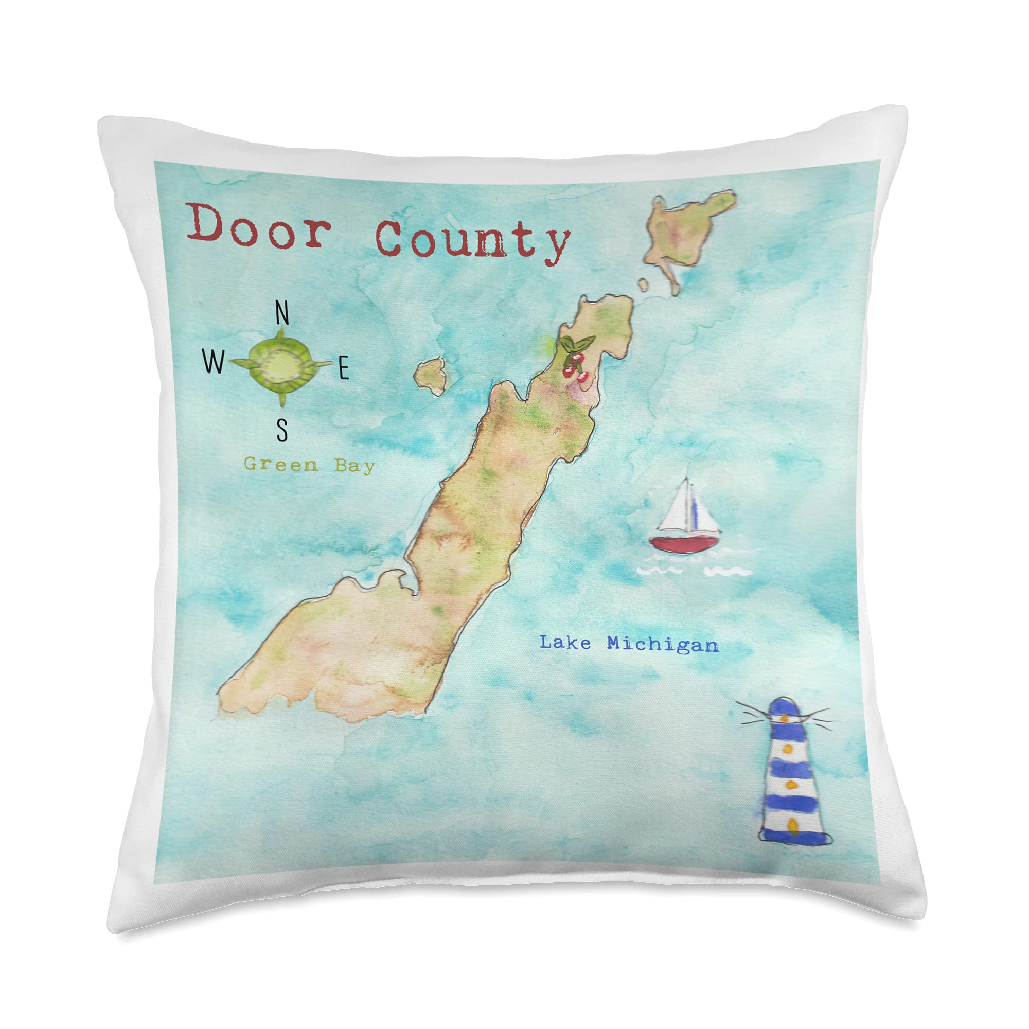 Door County Watercolor Map Throw Pillow - 18x18 Inch Decorative Cushion Cover with Lighthouse, Sailboat & Cherries Design - Perfect for Living Room, Bedroom or Coastal Home Decor
