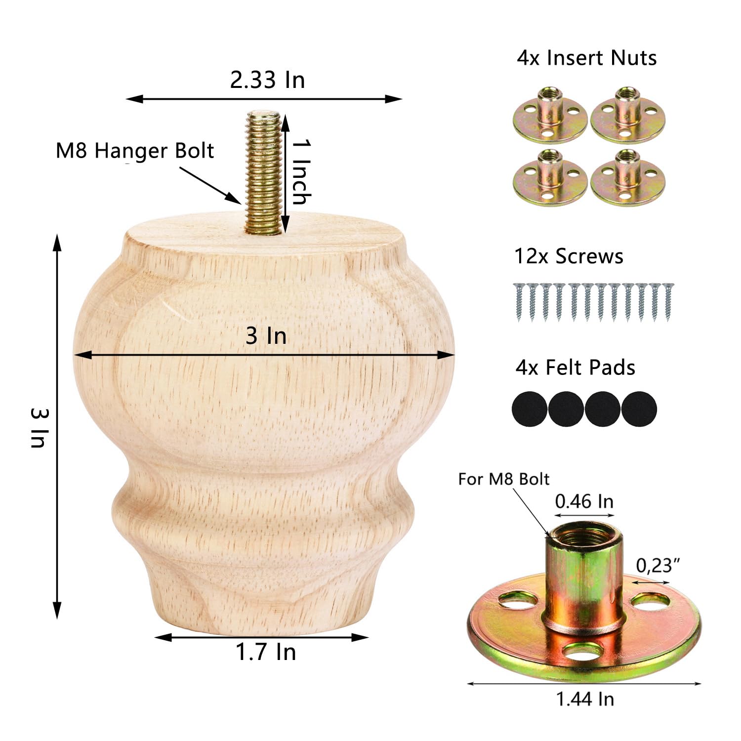 Maricome 3 Inch Unfinished Wooden Bun Feet - Set of 4 Screw-in DIY Replacement Legs for Sofa, Ottoman & Furniture | Perfect for Home Decor, Couch Restoration & DIY Projects