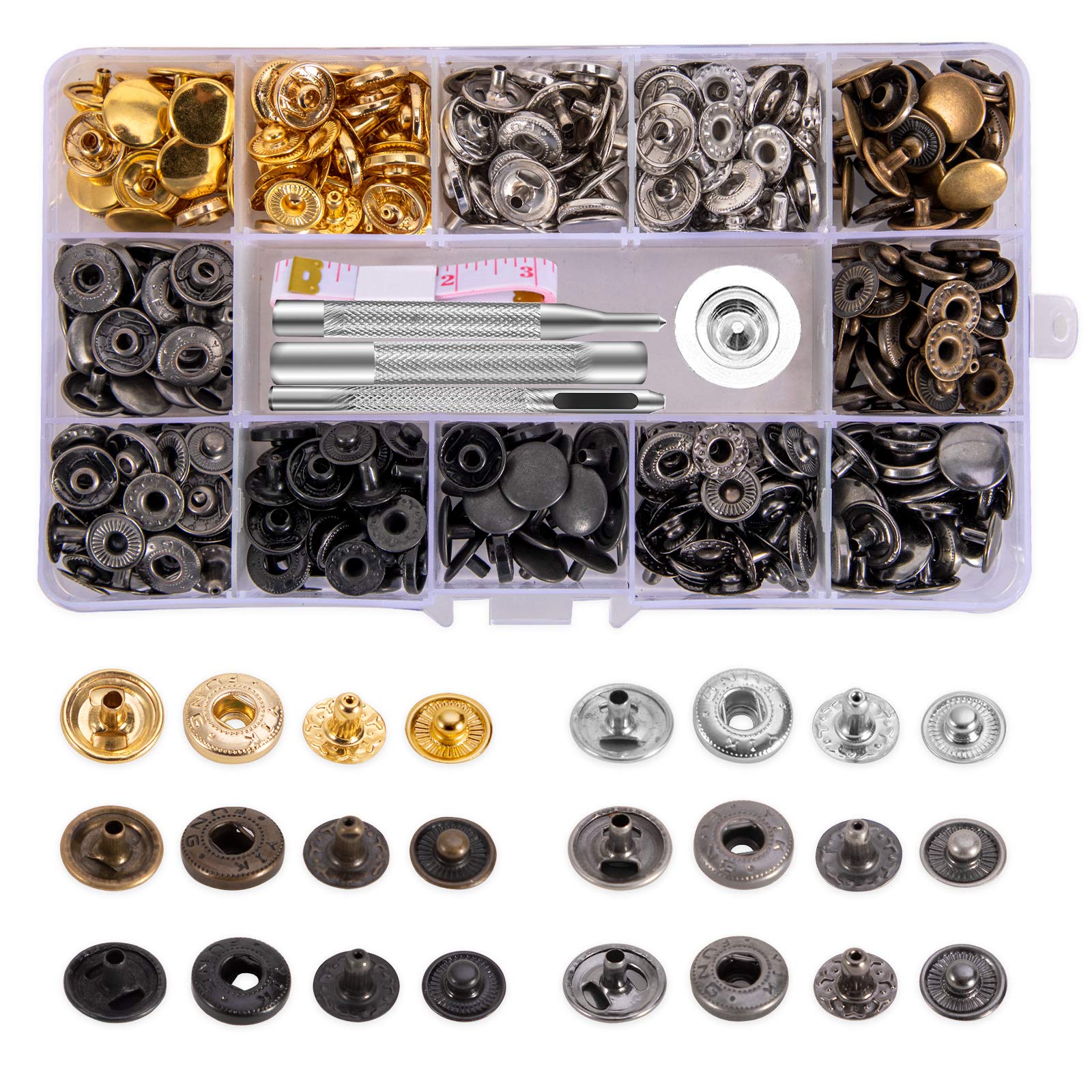Toututu 120 Sets Leather Snap Fasteners Kit - 12.5mm Metal Snap Buttons Press Studs with 4 Setting Tools, 6 Colors for DIY Clothes, Jackets, Jeans, Bracelets, Bags & Craft Projects - Perfect for Sewing, Leatherworking and Fashion Accessories
