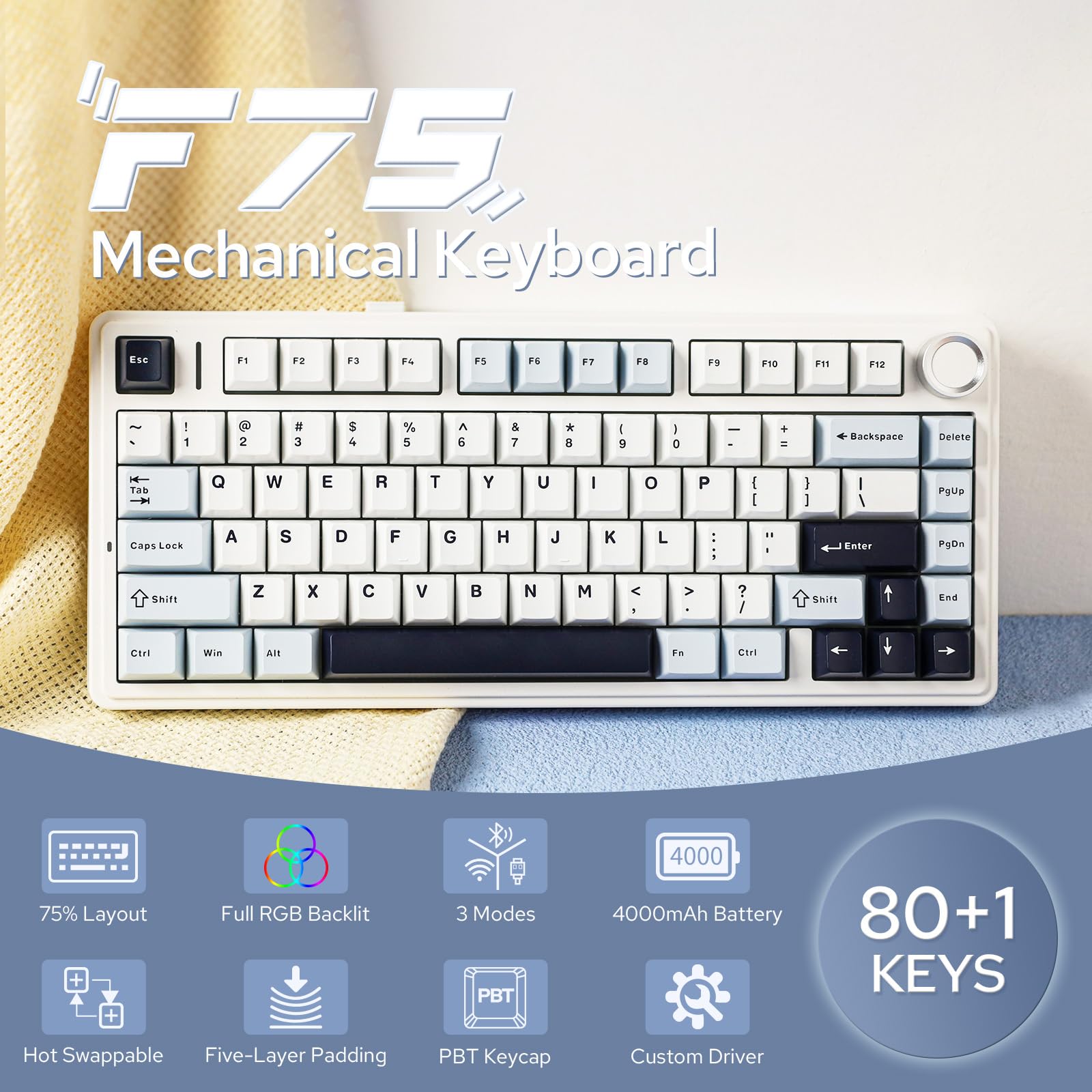 EPOMAKER x Aula F75 75% Wireless Mechanical Keyboard - Hot Swappable Gaming Keyboard with 5-Layer Padding & Knob, Bluetooth/2.4GHz/USB-C, RGB Backlit (Light Blue, Ice Vein Switch) - Perfect for Gaming, Office Work & Typing Enthusiasts