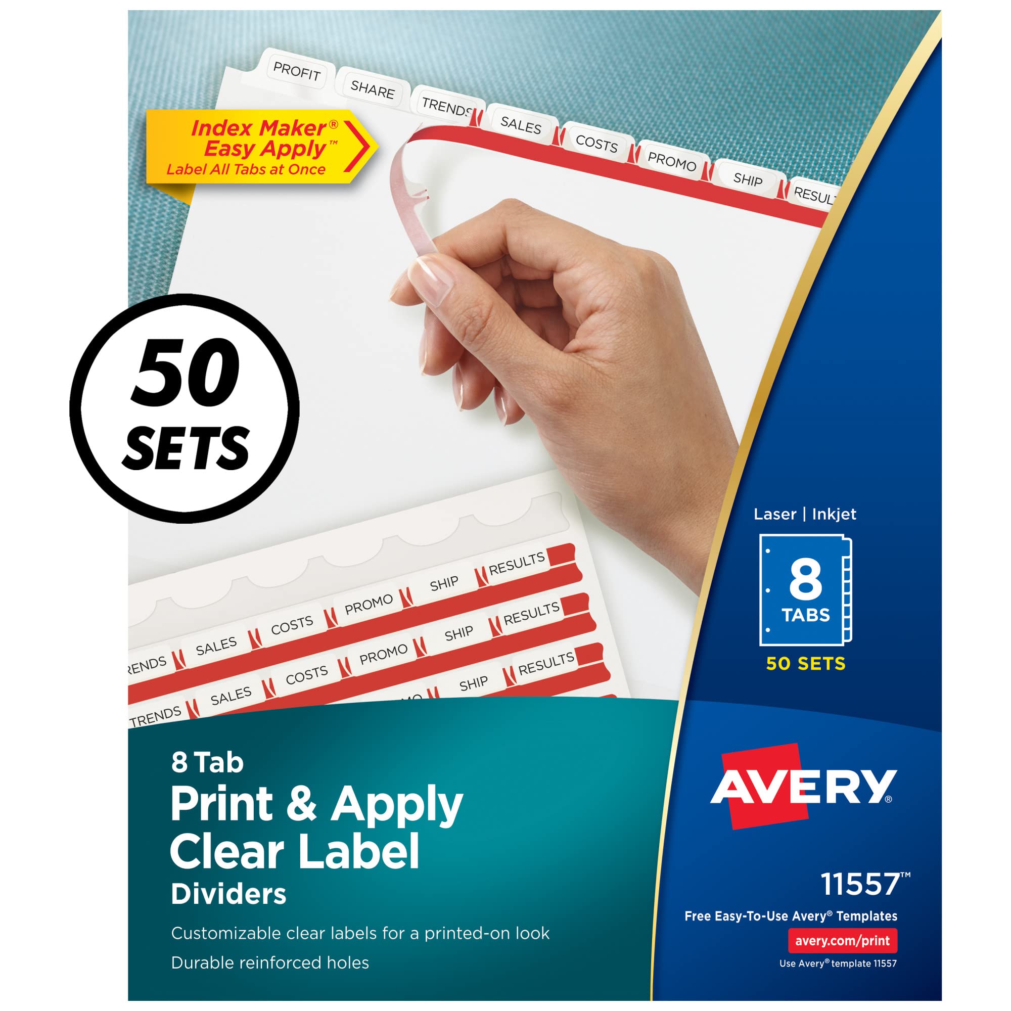Avery Index Maker Clear Label Dividers - 8.5 x 11 Inch White Tab Dividers with 8 Tabs, 50 Sets (11557) - Perfect for Office Organization, Filing Systems, and Document Management
