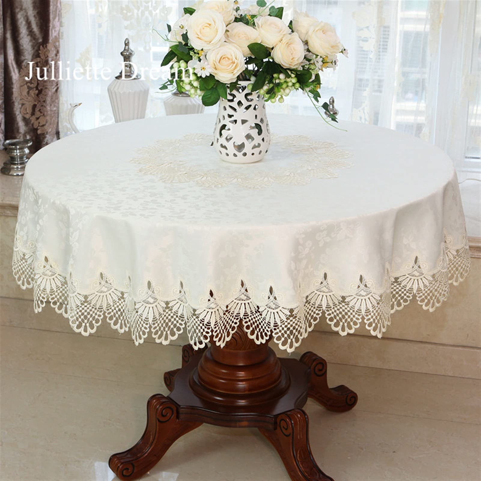 Elegant Lace Tablecloth Round Dining Table Cover - Luxury Embroidered Rose Gold Home Decor for Wedding, Party, and Holiday Decorations