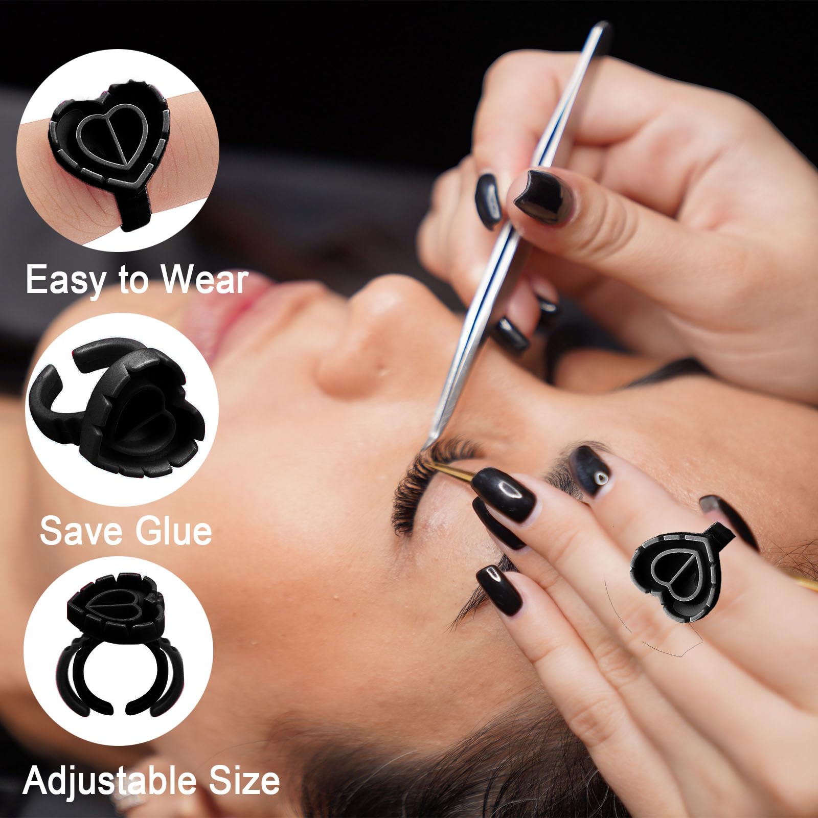**300PCS Black Disposable Eyelash Glue Rings - Heart & Flower Shaped Lash Glue Holders for Eyelash Extensions - Perfect for Salon, DIY & Professional Lash Artists**