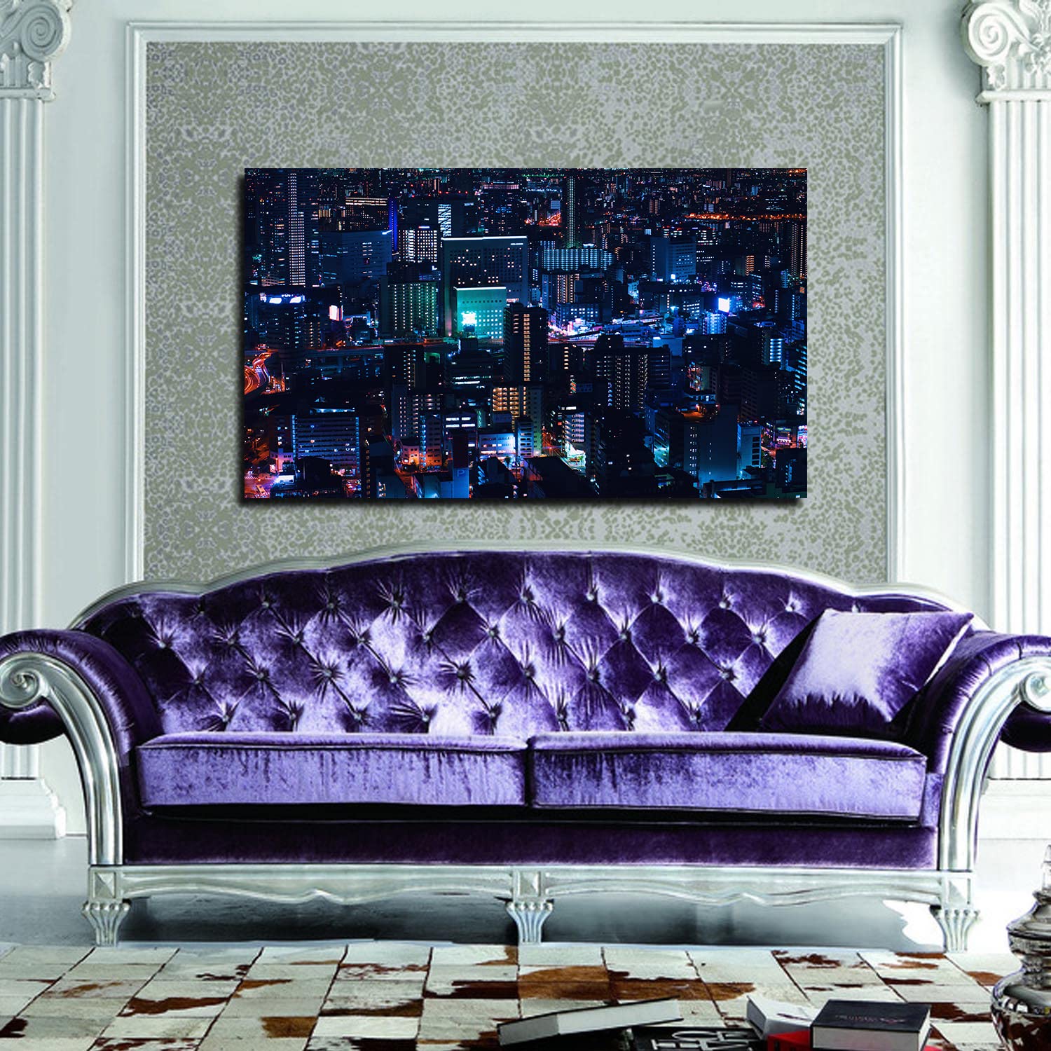 Urban Night City Skyline Canvas Wall Art - Framed Downtown Painting for Home, Office, Bedroom & Living Room Decor | Ready to Hang | Perfect for Modern Interior Design & City Lover Gifts