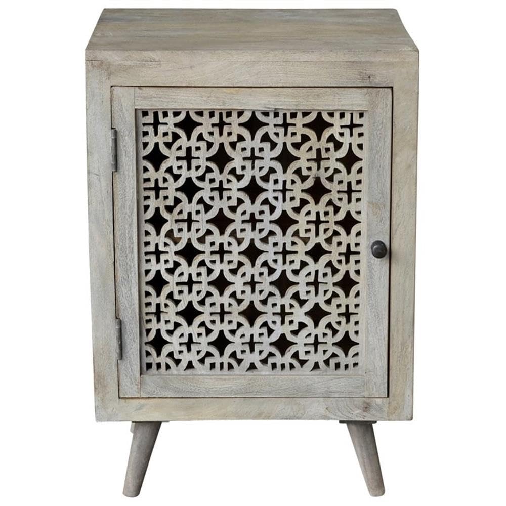 Hand-Carved Solid Wood Nightstand - Natural Finish Moti Halle Bedside Table for Bedroom Decor & Storage