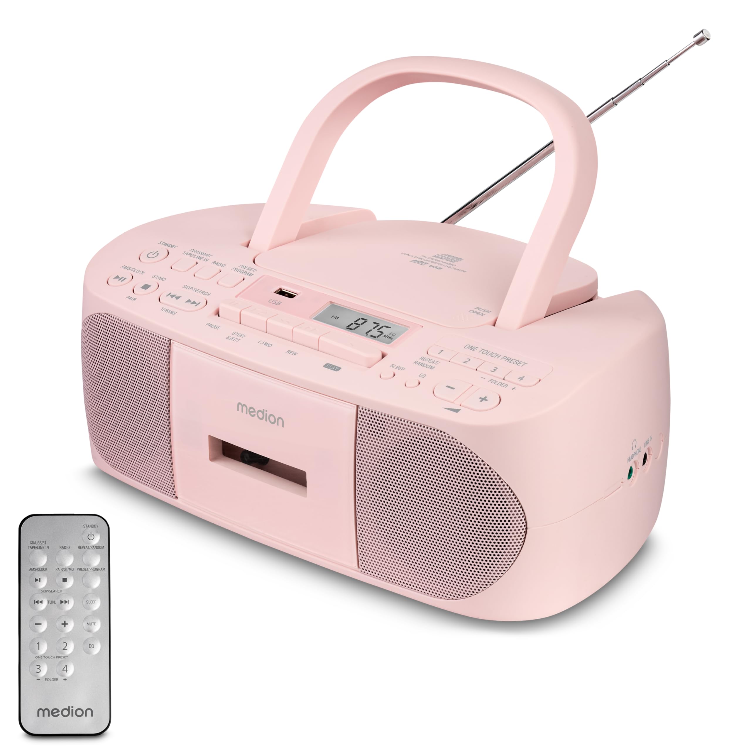 MEDION E65010 Stereo Radio with CD Player, Cassette, USB Port, AUX Audio Input, MP3 Playback, FM PLL Radio, 40 Station Memory, Battery Operation, Remote Control - Rose | Perfect for Home, Office & Vintage Music Lovers