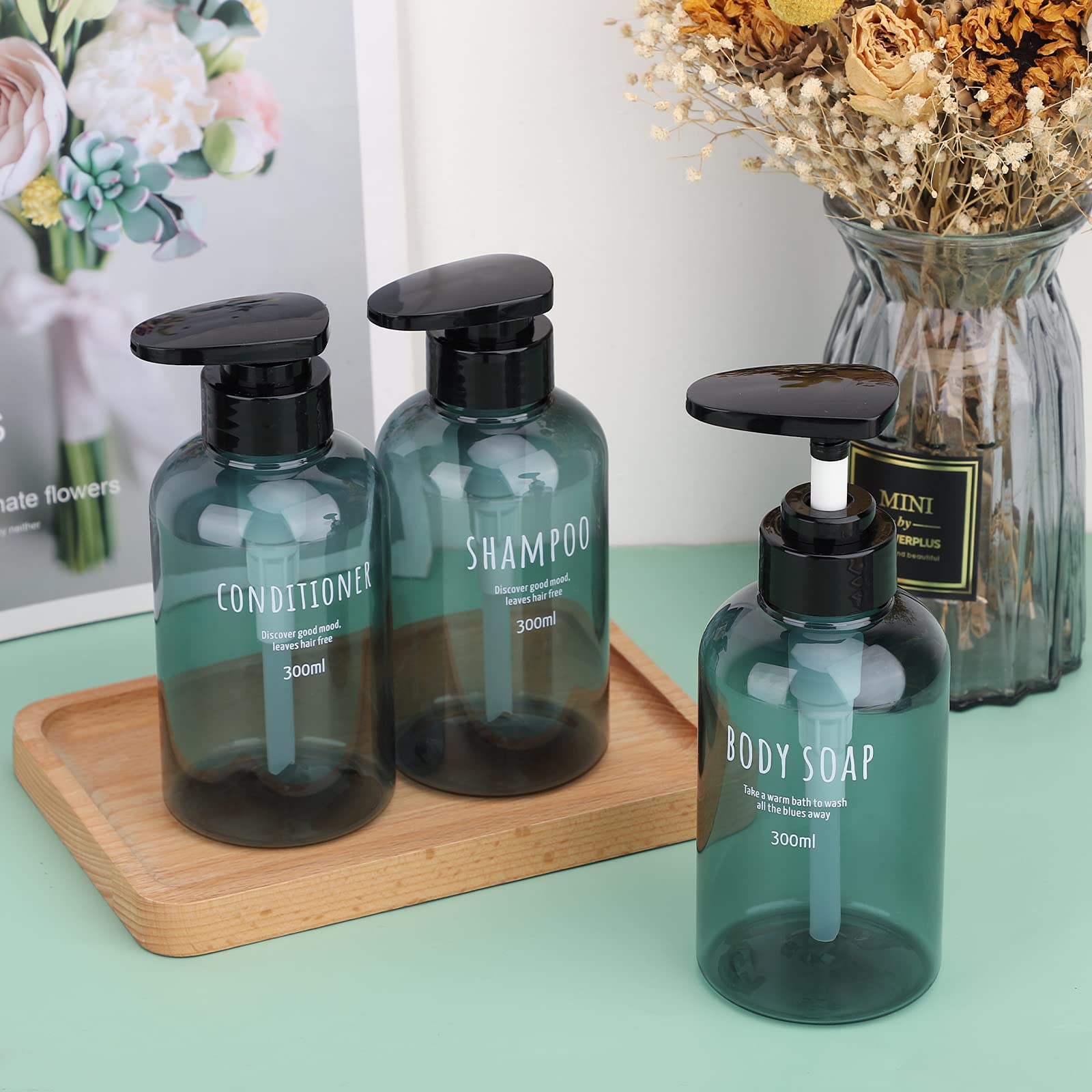 Segbeauty 10oz Refillable Shampoo and Conditioner Dispenser Set (3 Pack) - Empty Plastic Pump Bottles for Shower, Body Wash, Liquid Soap & Lotion - Blue Bathroom Organizer for Spa-Like Experience