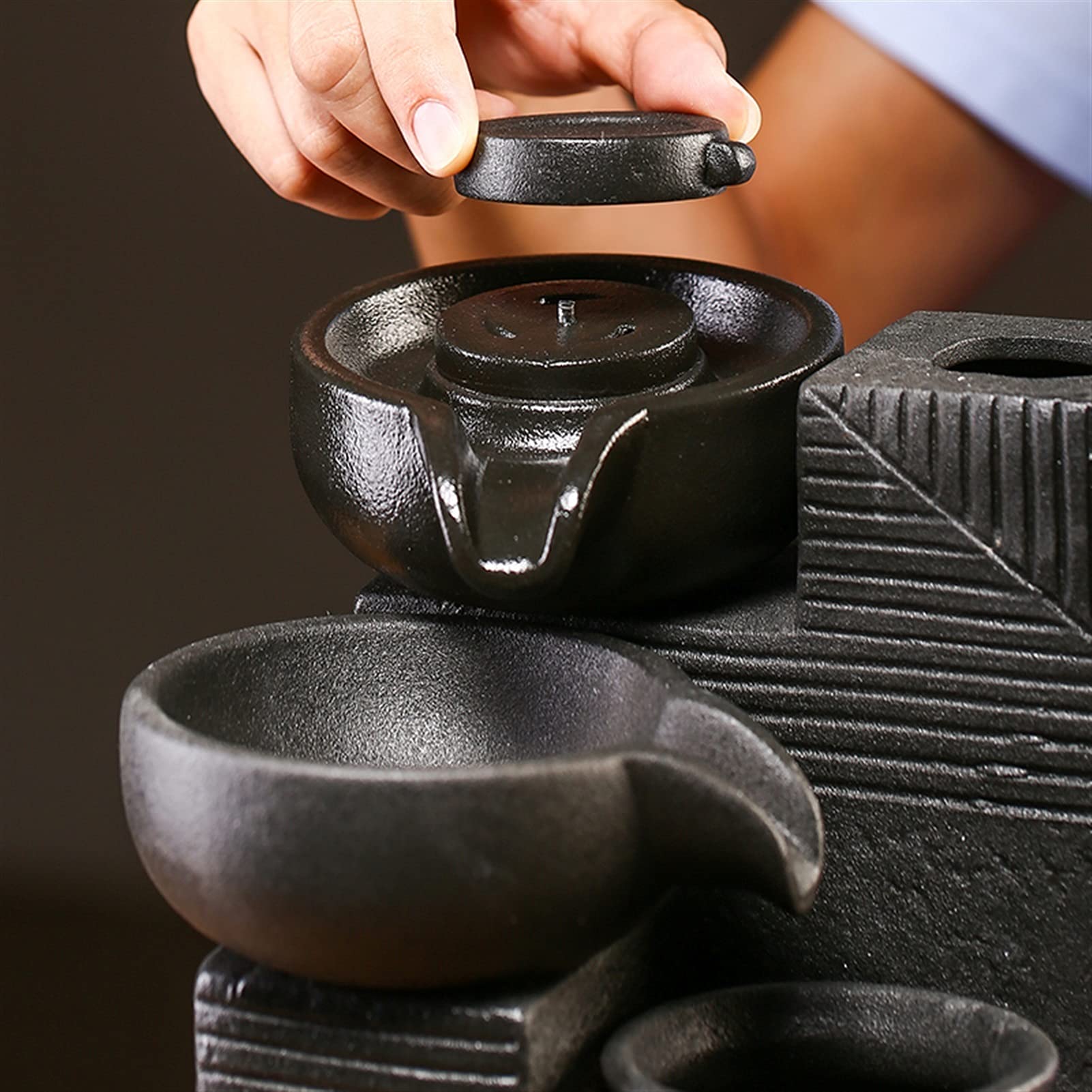 Chinese Style Ceramic Desktop Fountain with Stone Mill - Flowing Water Zen Meditation Waterfall for Office & Living Room Decor - Perfect for Relaxation, Stress Relief, and Home Feng Shui
