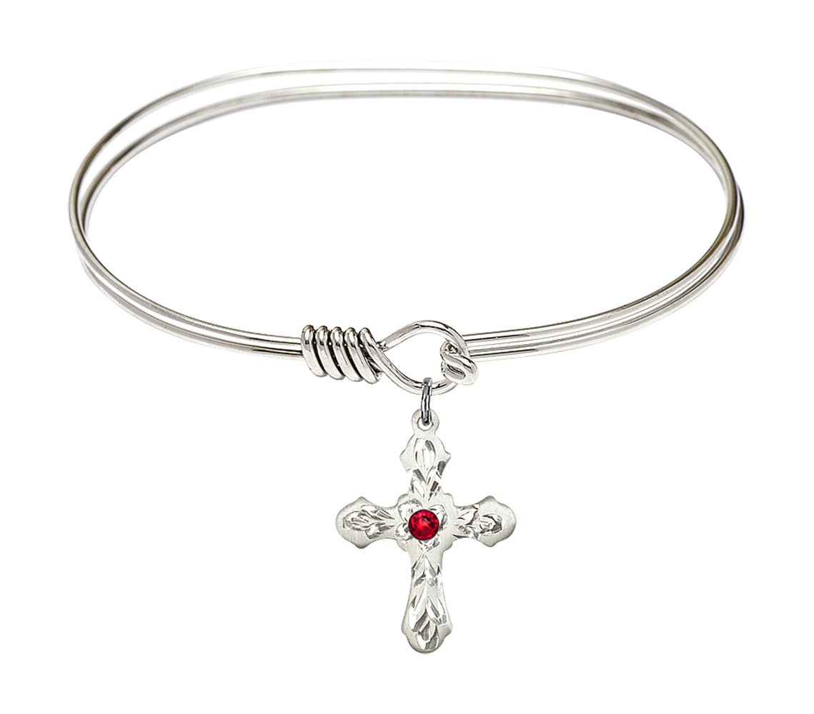 7 Inch Oval Eye Hook Bangle Bracelet with Cross Medal Charm & July Red Crystal - Elegant Jewelry for Women, Perfect for Daily Wear, Parties, and Gift Giving