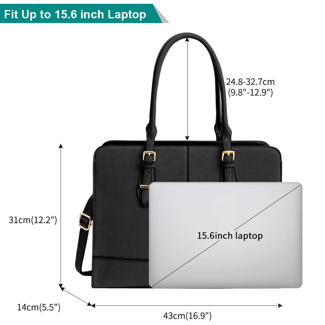 Stylish 15.6 Inch Leather Laptop Bag for Women - Professional Work Tote Handbag with Padded Compartment - Perfect for Office, Business Travel & College (Black)