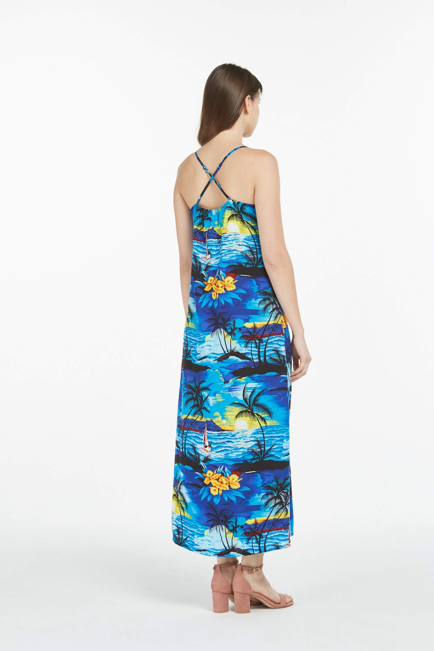 Women's Hawaiian Luau Sunset Blue Maxi Sweetheart Dress - Floral Summer Beach Dress for Tropical Vacation, Pool Party & Island Getaway