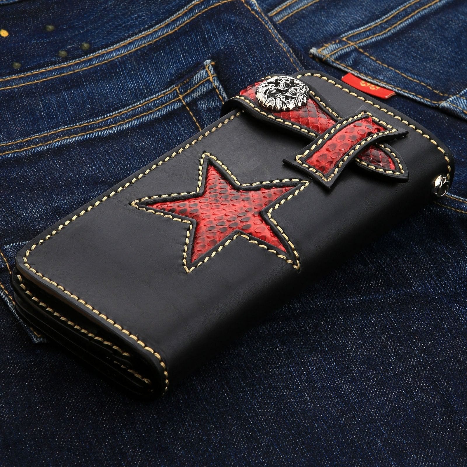 Tribal Star Red Genuine Leather Men's Biker Wallet - RFID Blocking Slim Wallet for Motorcycle Riders - Perfect for Biking, Travel & Everyday Use