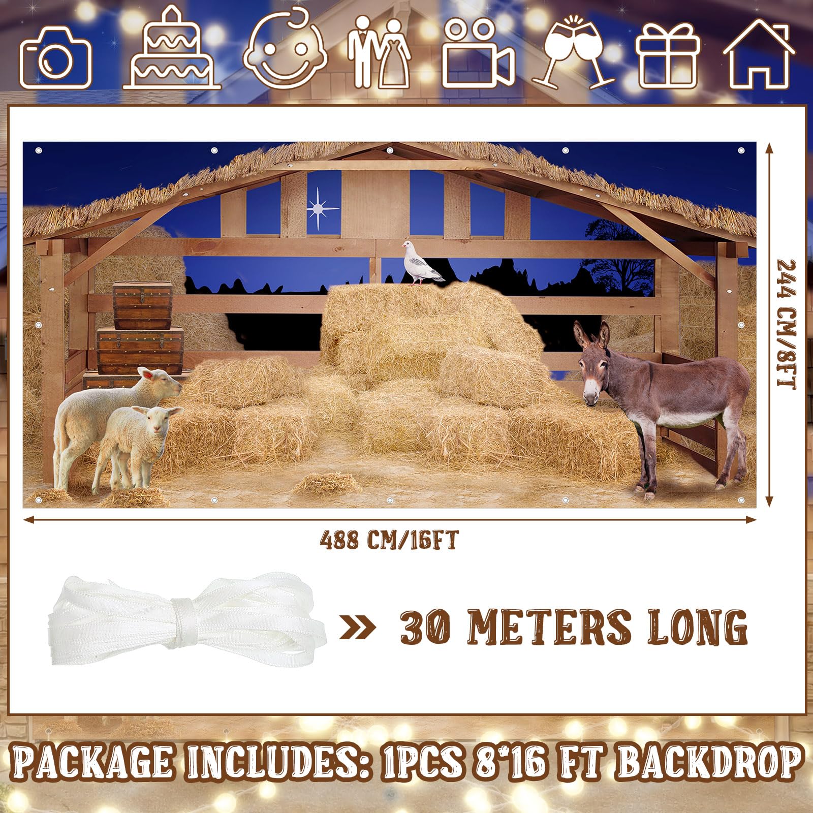 8 x 16 FT Christmas Nativity Scene Garage Door Banner - Stable Backdrop for Farm Barn Decor, Western Photo Shoot & Outdoor Holiday Party | Perfect for Xmas Celebrations, Winter Gatherings & Nativity Displays