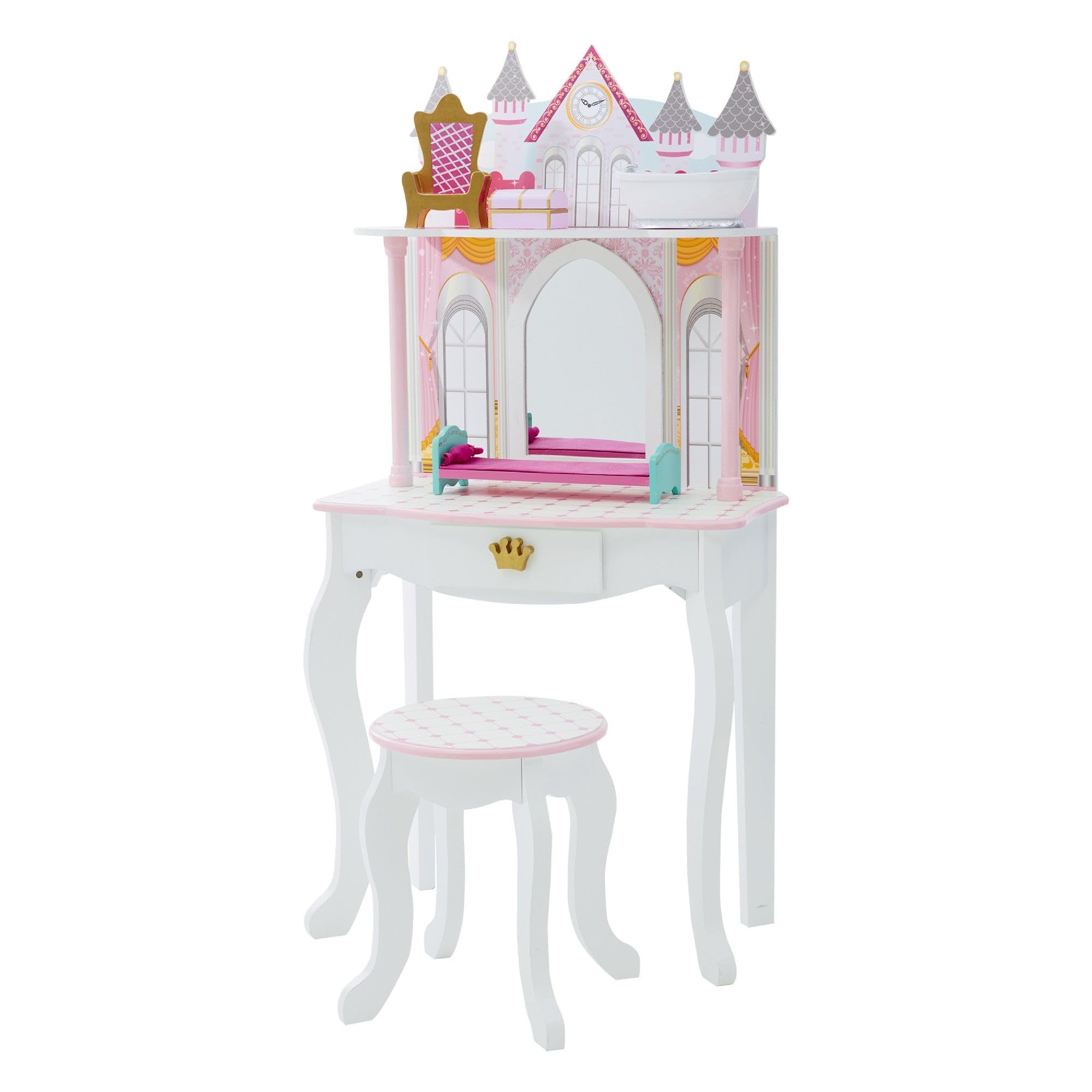 Teamson Kids Dreamland Princess Play Vanity Set with Mirror, Shelf, Storage Drawer & Stool - White & Pink Doll Furniture for 12