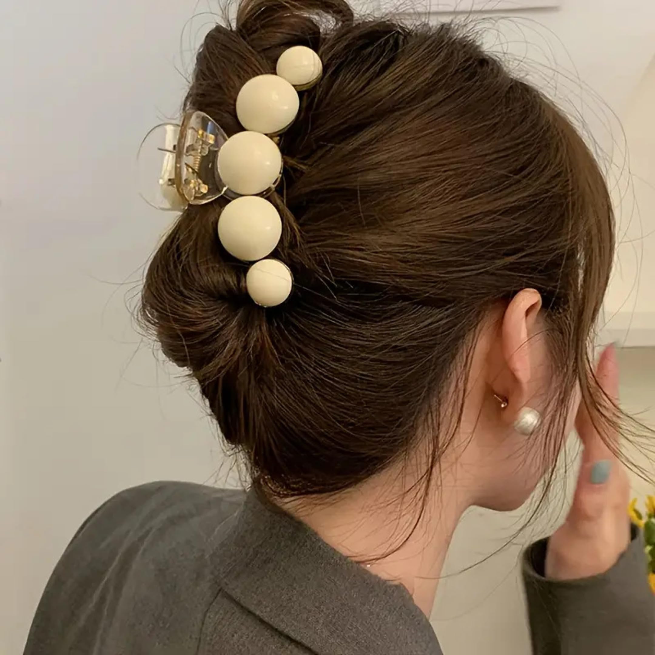 Korean Hair Claw Clip for Thick Hair - Beige Pearl Claw (2 Pack) for Women & Girls | Fashion Hair Accessories for Daily Use