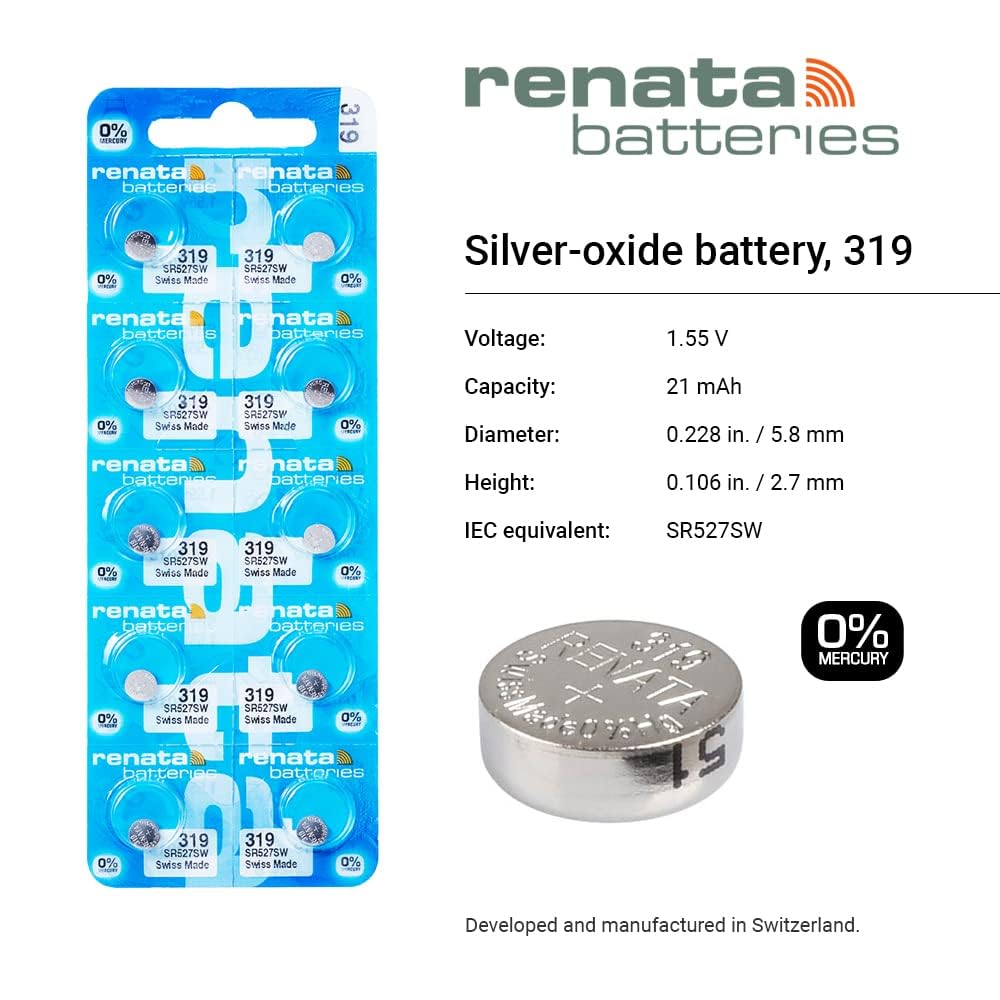 Renata 319/SR527SW Silver Oxide Watch Battery (5 Pack) - Long Lasting Power for Watches, Calculators & Medical Devices