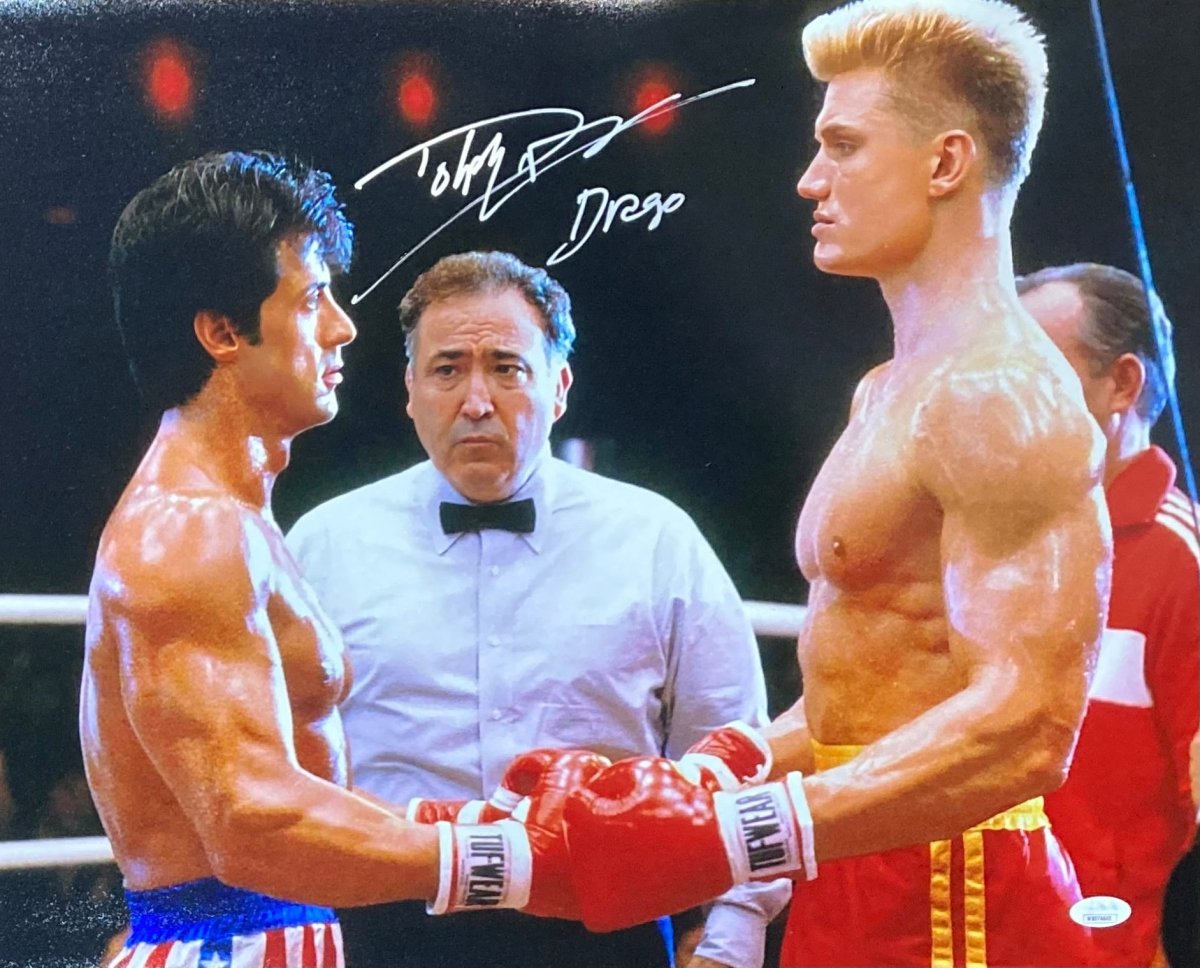 Dolph Lundgren Autographed 16x20 Rocky IV Photo as Drago - JSA Certified - Perfect for Movie Memorabilia Collectors & Home Theater Decor