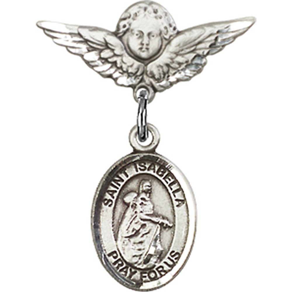 St. Isabella of Portugal Sterling Silver Baby Badge with Angel Wing Charm - 7/8