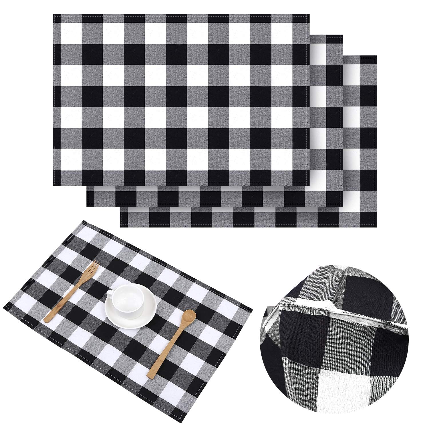 Aneco Buffalo Plaid Cotton Placemats - 13x19 Inch Double Layer Checkered Table Mats - Black and White Kitchen Decor (Set of 4) for Dining Table, Holiday Parties & Farmhouse Style Decor