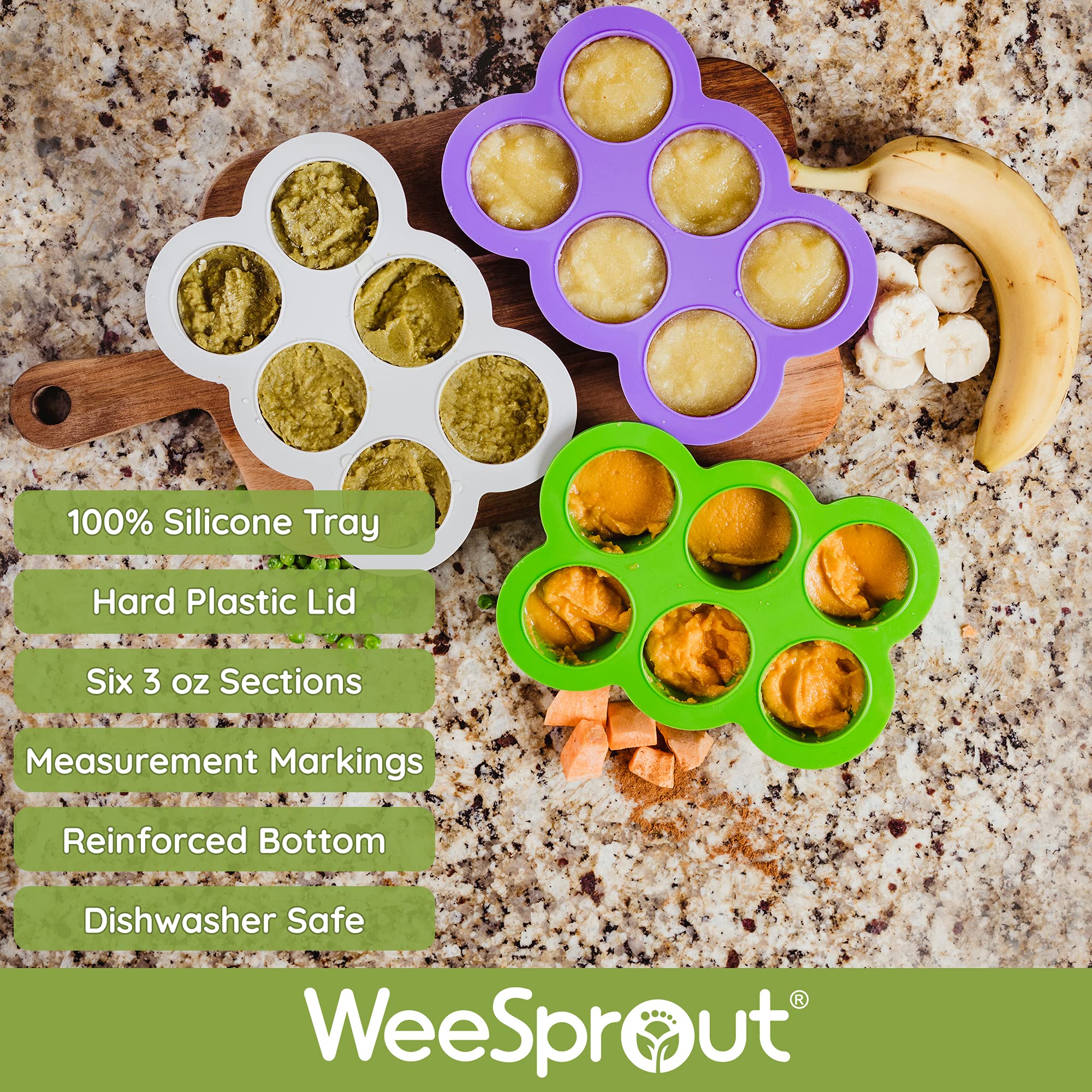WeeSprout Silicone Freezer Tray with Clip-On Lid - 6 Section 3oz Baby Food Storage Container for Homemade Purees, Breast Milk, Vegetables & Fruits (Bright Grey) | Perfect for Meal Prep, Baby Led Weaning & Breastmilk Storage