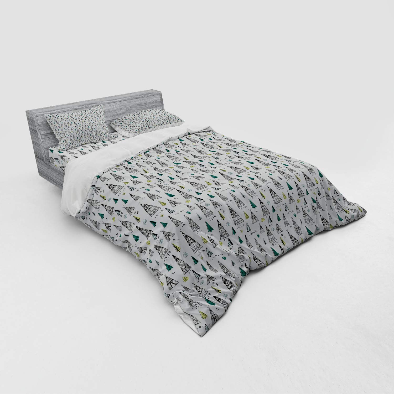 Ambesonne Tribal Bedding Set - Queen Size 4-Piece Duvet Cover with Shams & Fitted Sheet | Wigwam Tent & Tree Pattern in Black, Teal, Avocado Green & Pale Blue | Bohemian Bedroom Decor for Guest Rooms & Vacation Homes